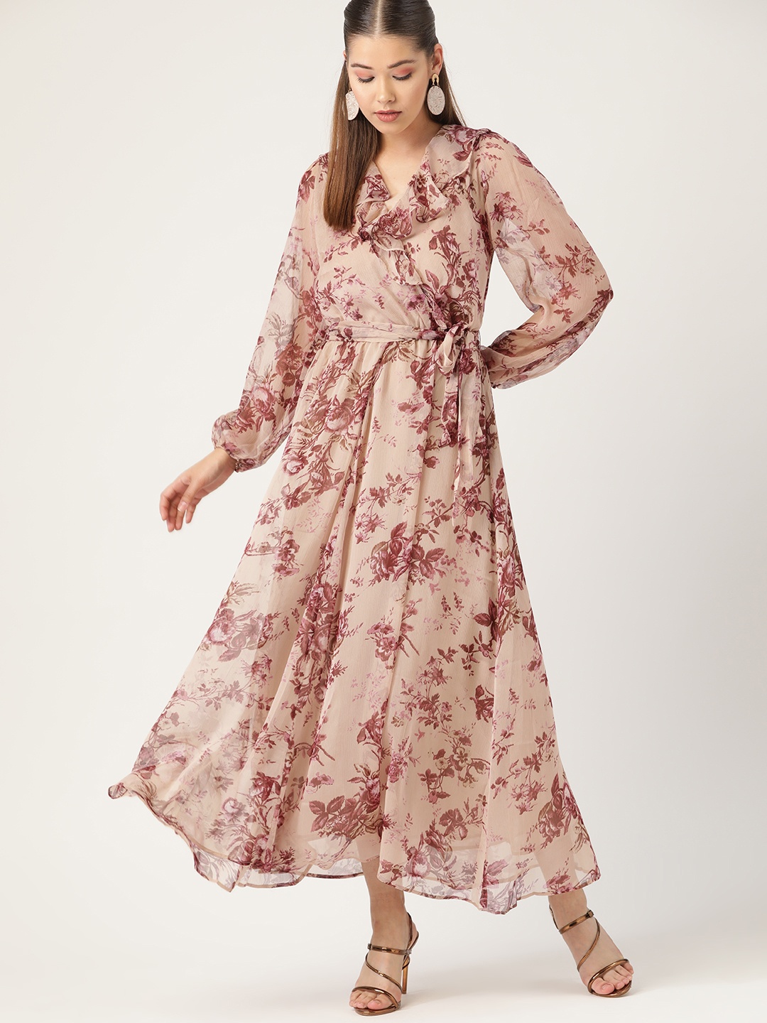 

MANGO Women Beige & Brown Floral Print Maxi Dress