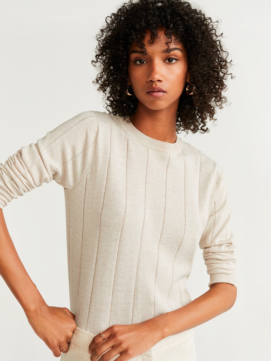 

MANGO Women Off-White Self-Striped Sweater