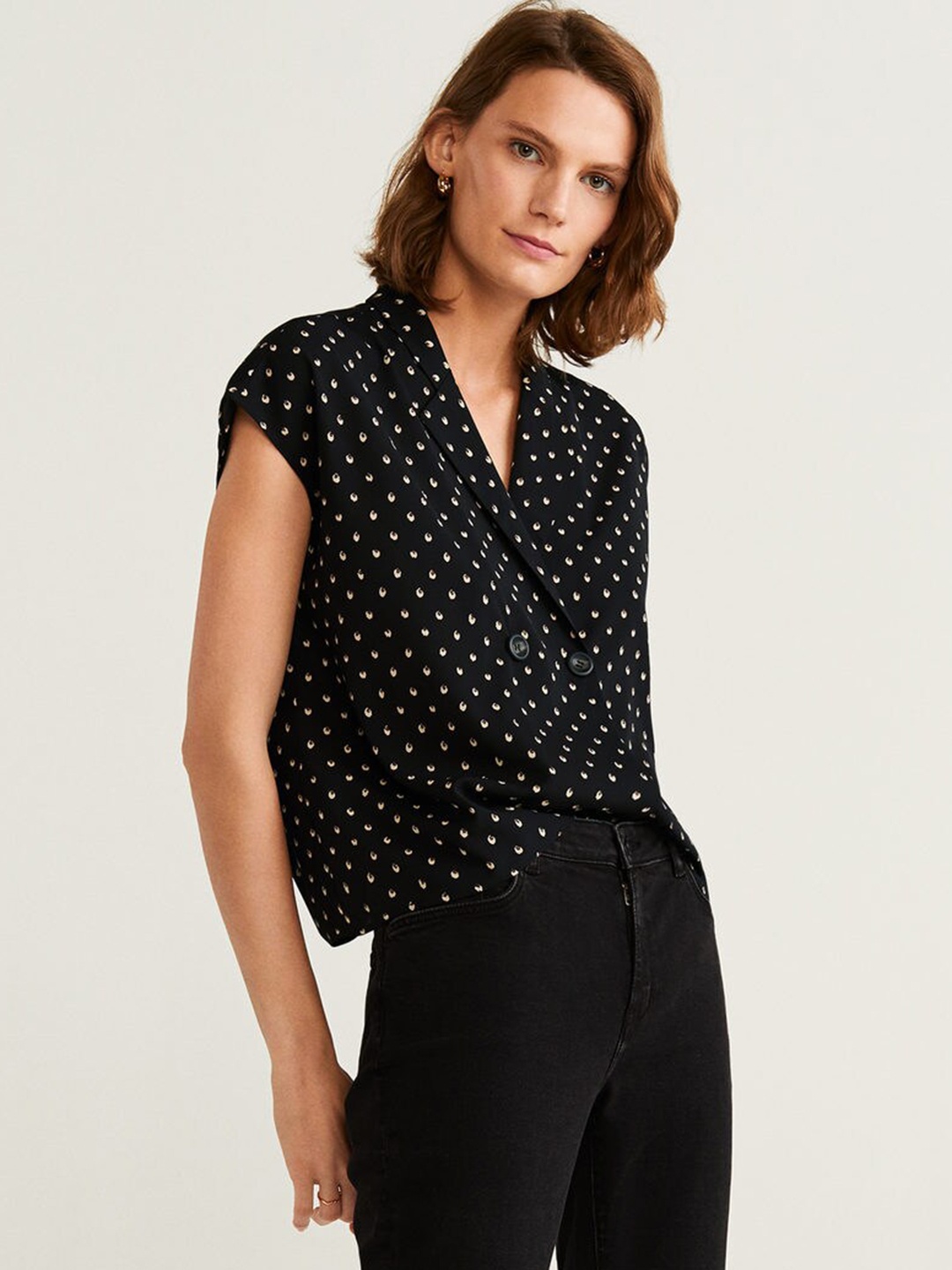 

MANGO Women Black & Off-White Printed Shirt Style Top