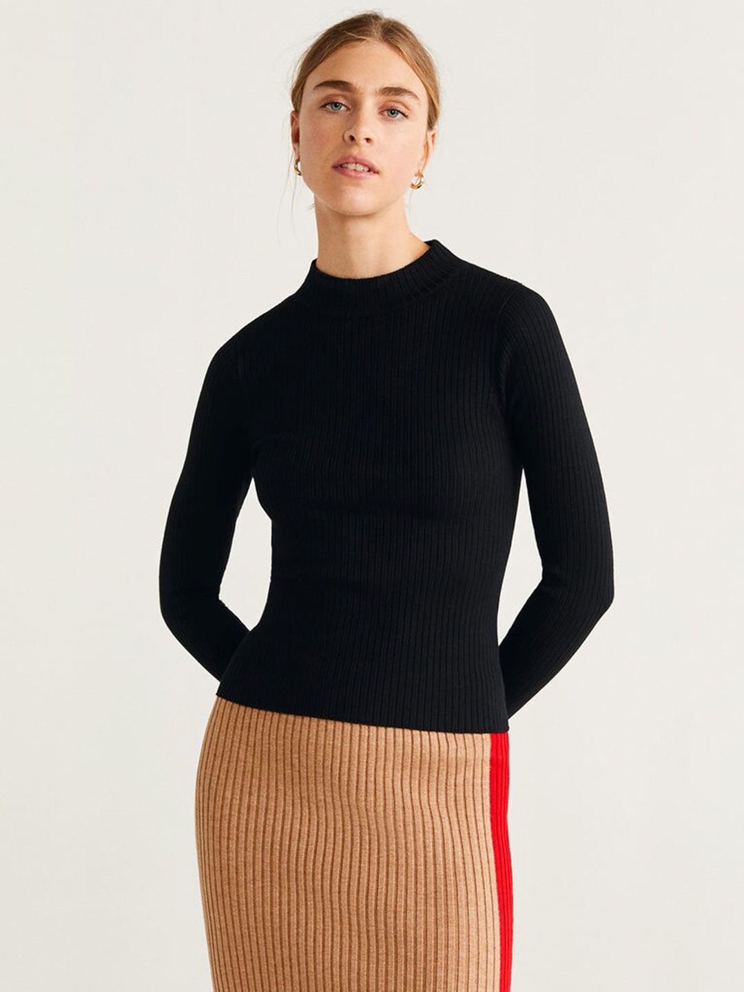 

MANGO Women Black Self-Striped Sweater