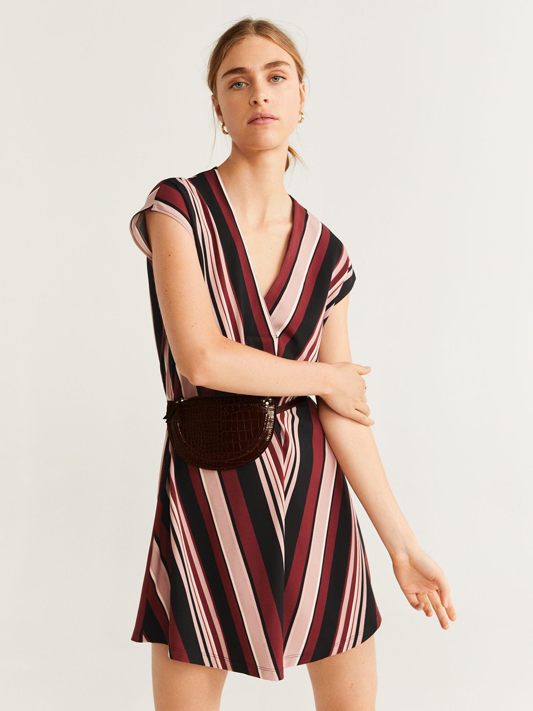 

MANGO Women Black & Maroon Striped A-Line Dress