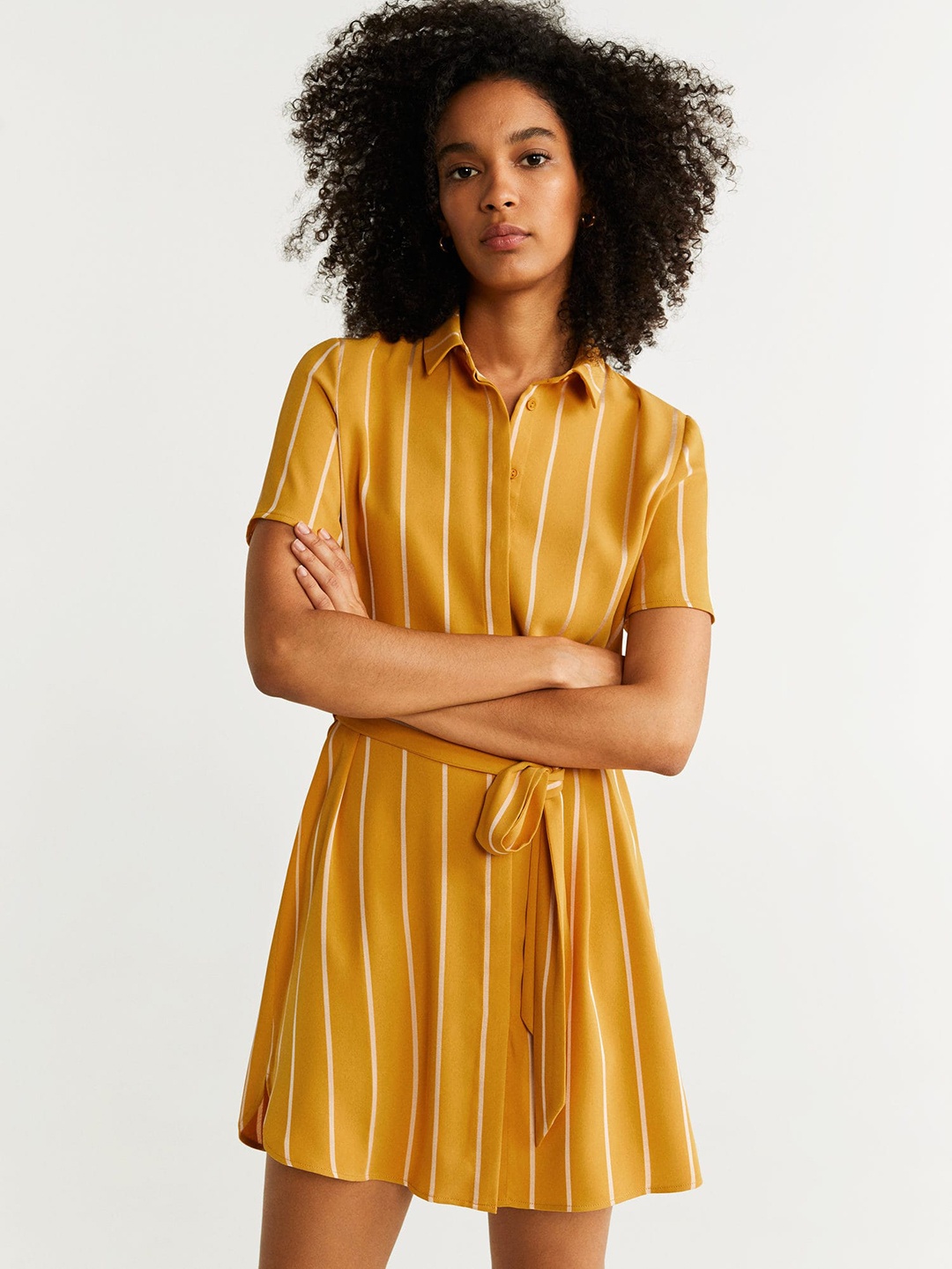 

MANGO Women Mustard Yellow & White Striped Shirt Dress
