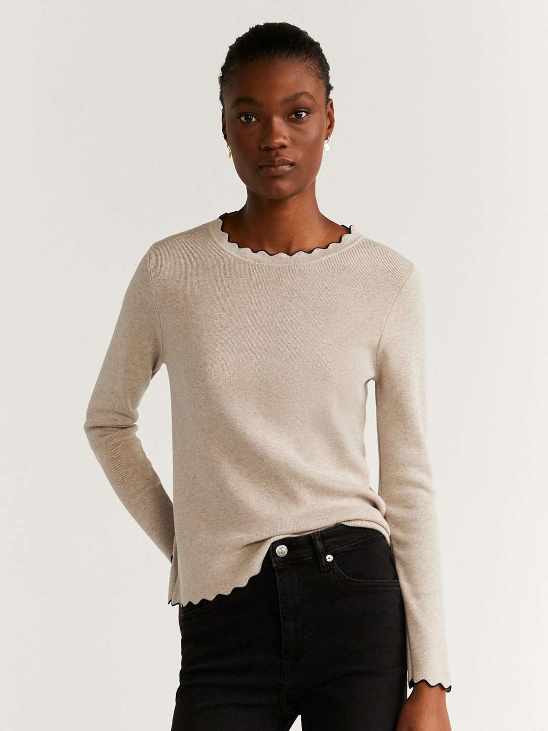 

MANGO Women Beige Solid Sweater