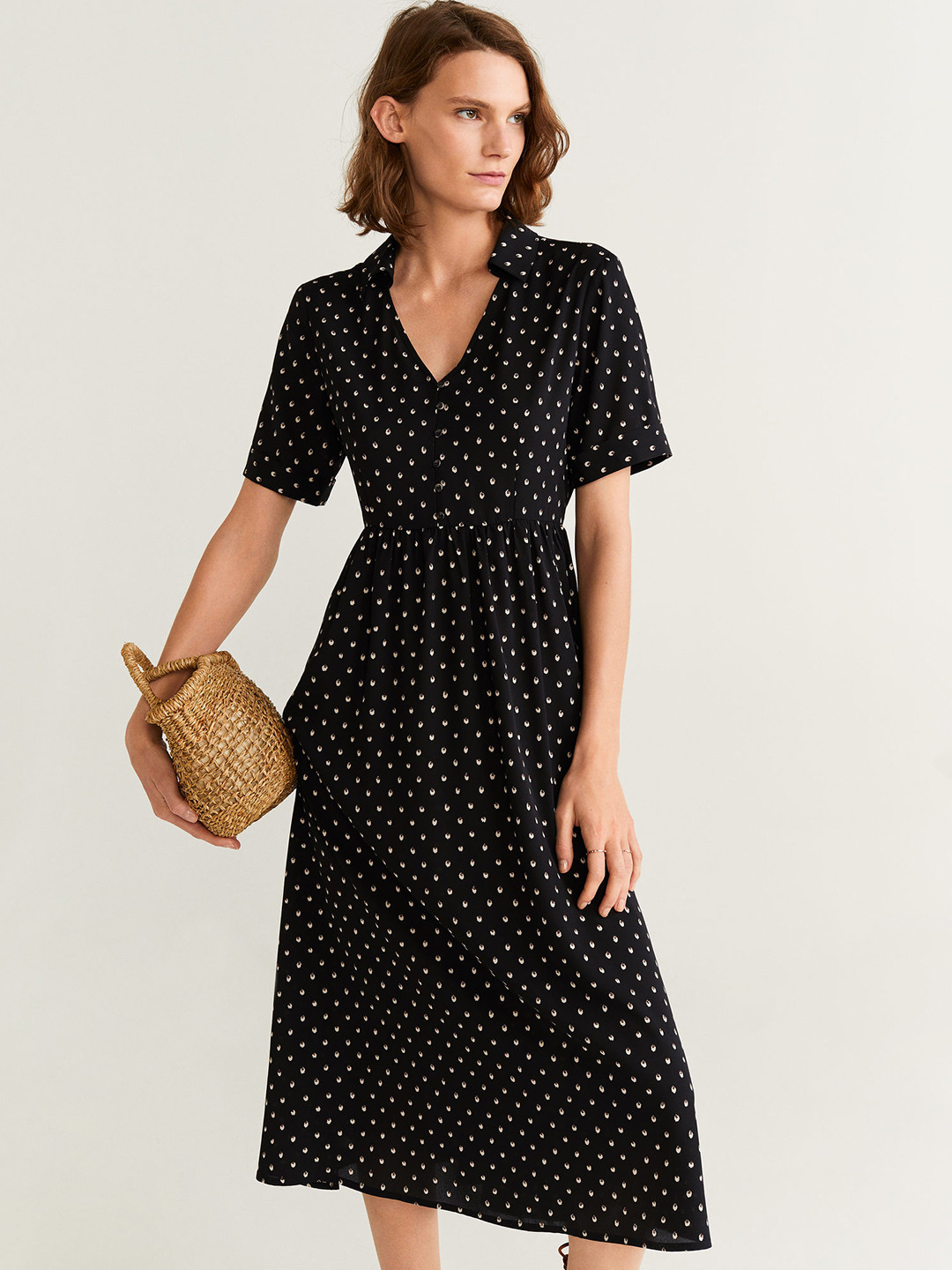 

MANGO Women Black & Off-White Printed Shirt Dress