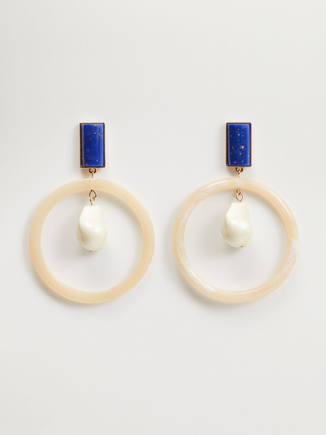 

MANGO Cream-Coloured & Blue Circular Drop Earrings