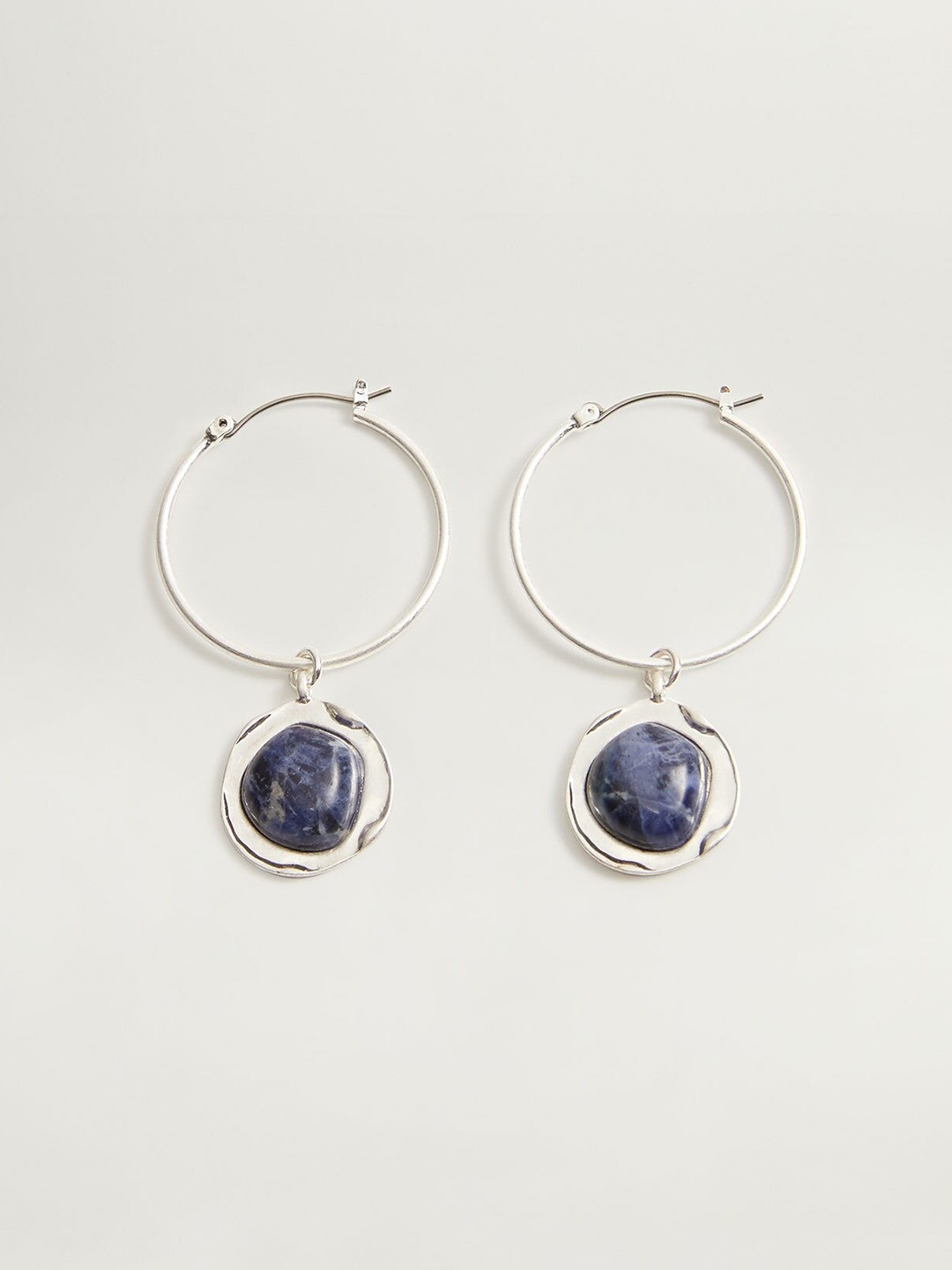 

MANGO Silver-Toned & Navy Blue Circular Stone-Studded Hoop Earrings
