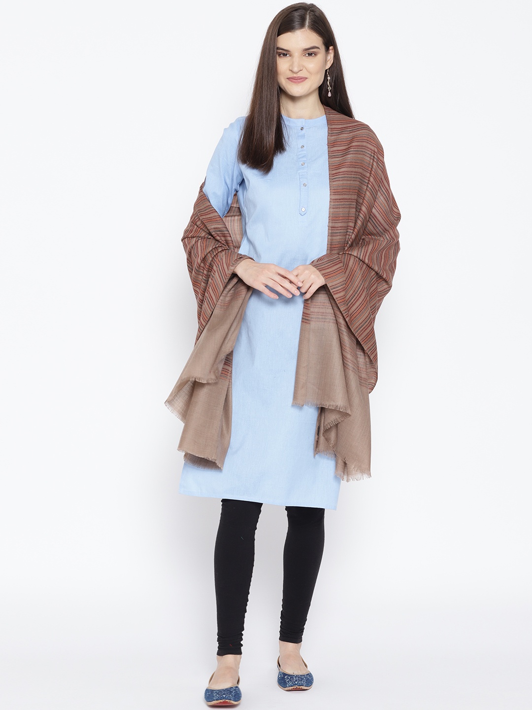 

WEAVERS VILLA Women Beige & Orange Woollen Striped Shawl