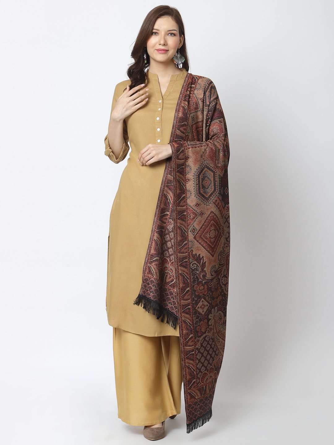 

WEAVERS VILLA Women Brown & Maroon Woven Design Shawl