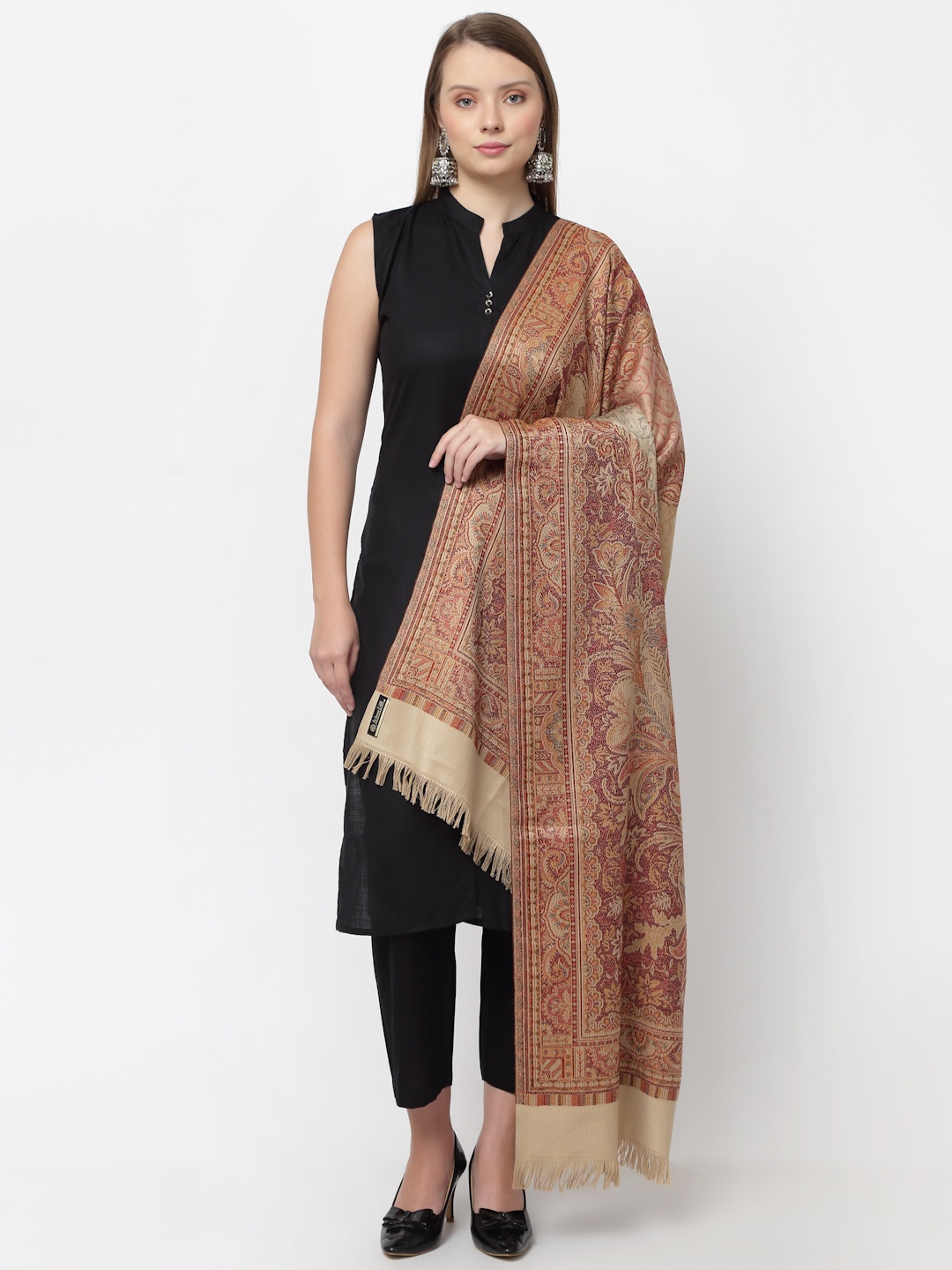 

WEAVERS VILLA Women Beige & Maroon Woven Design Shawl