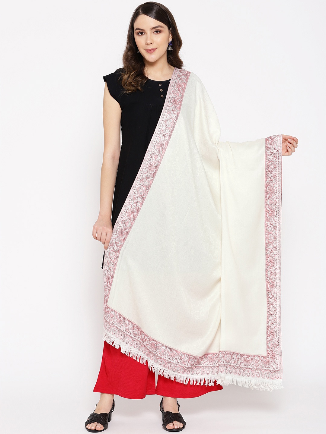 

WEAVERS VILLA Women Off-White & Pink Self Design Shawl