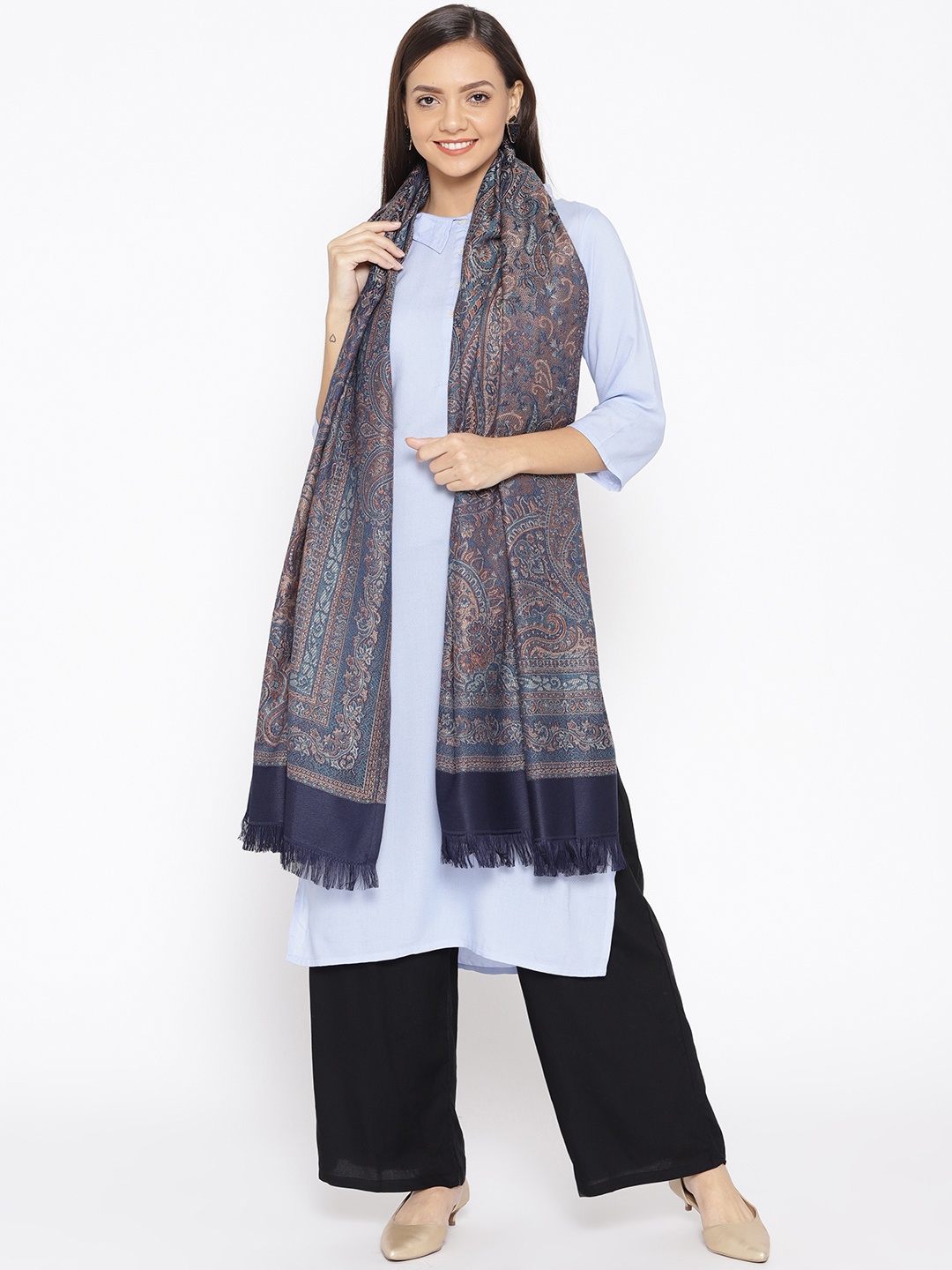 

WEAVERS VILLA Women Navy Blue & Orange Woven Design Shawl