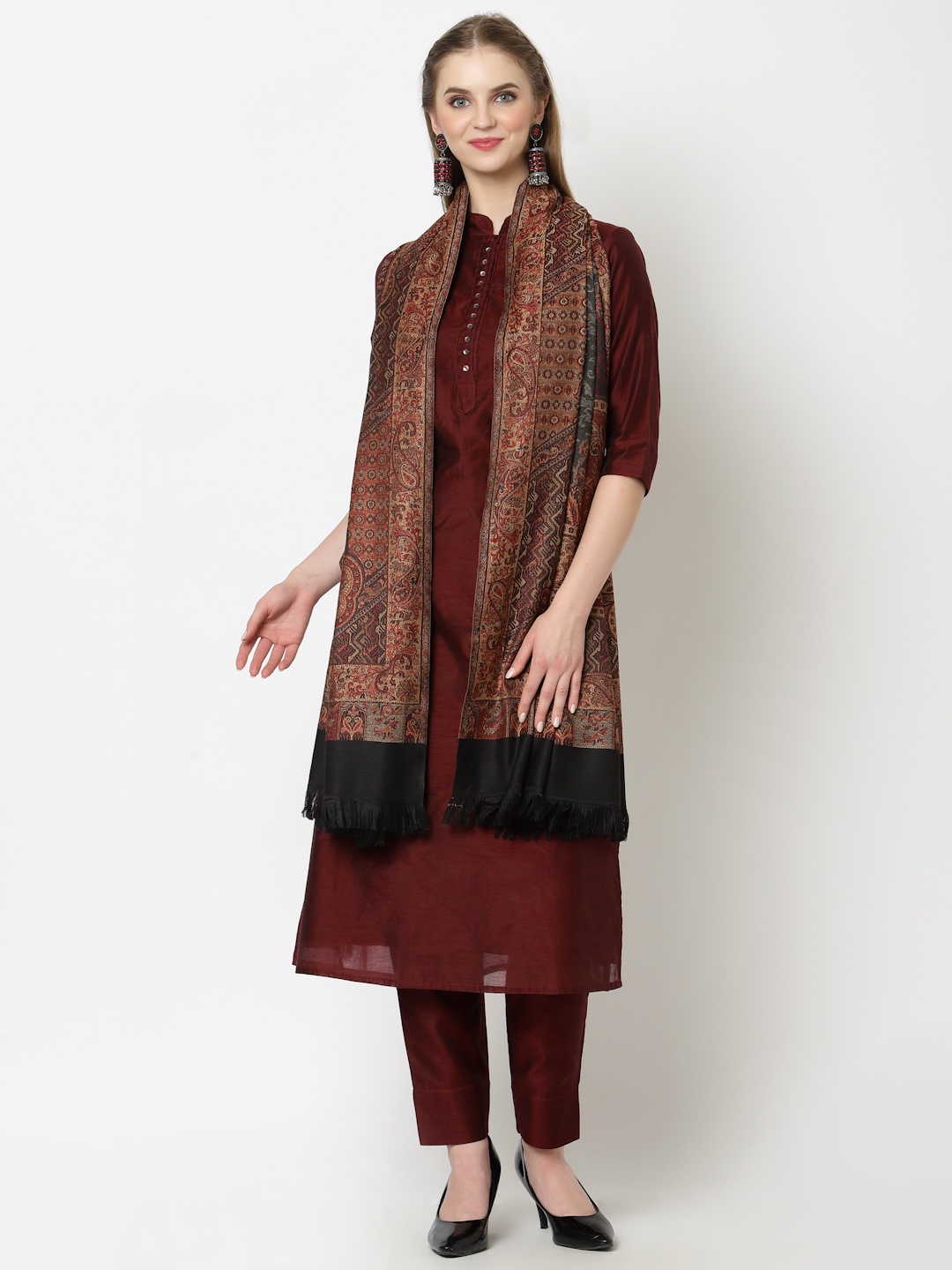 

WEAVERS VILLA Women Beige & Maroon Paisley Patterned Shawl