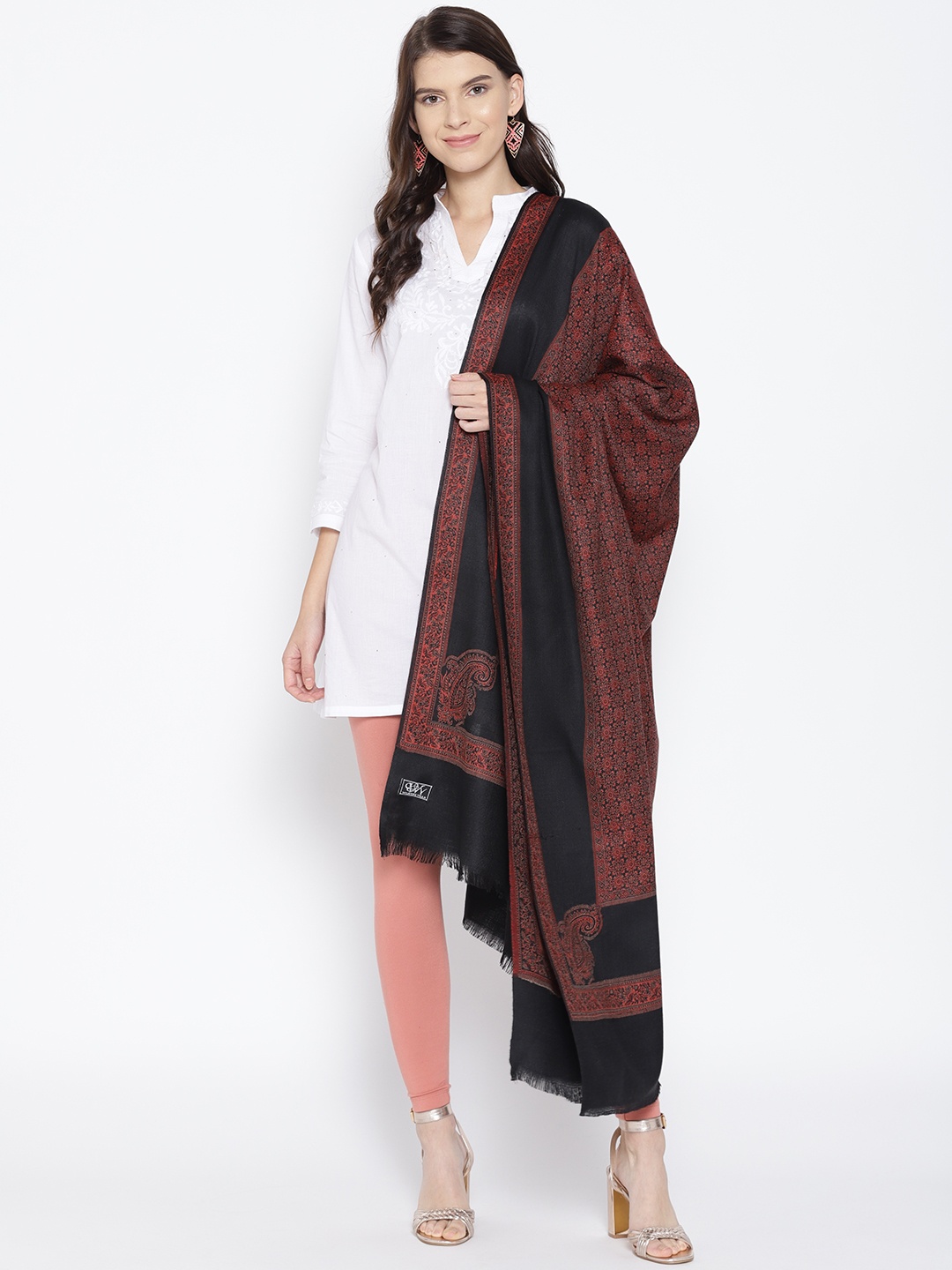 

WEAVERS VILLA Women Black & Maroon Woollen Woven Design Shawl