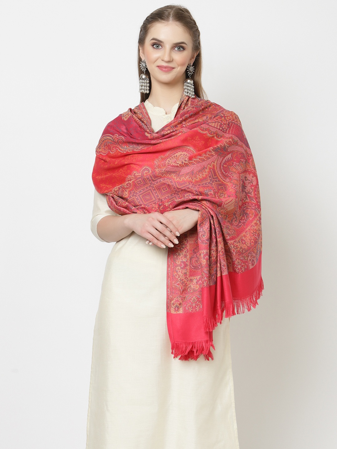 

WEAVERS VILLA Women Pink & Off-White Woven Design Shawl