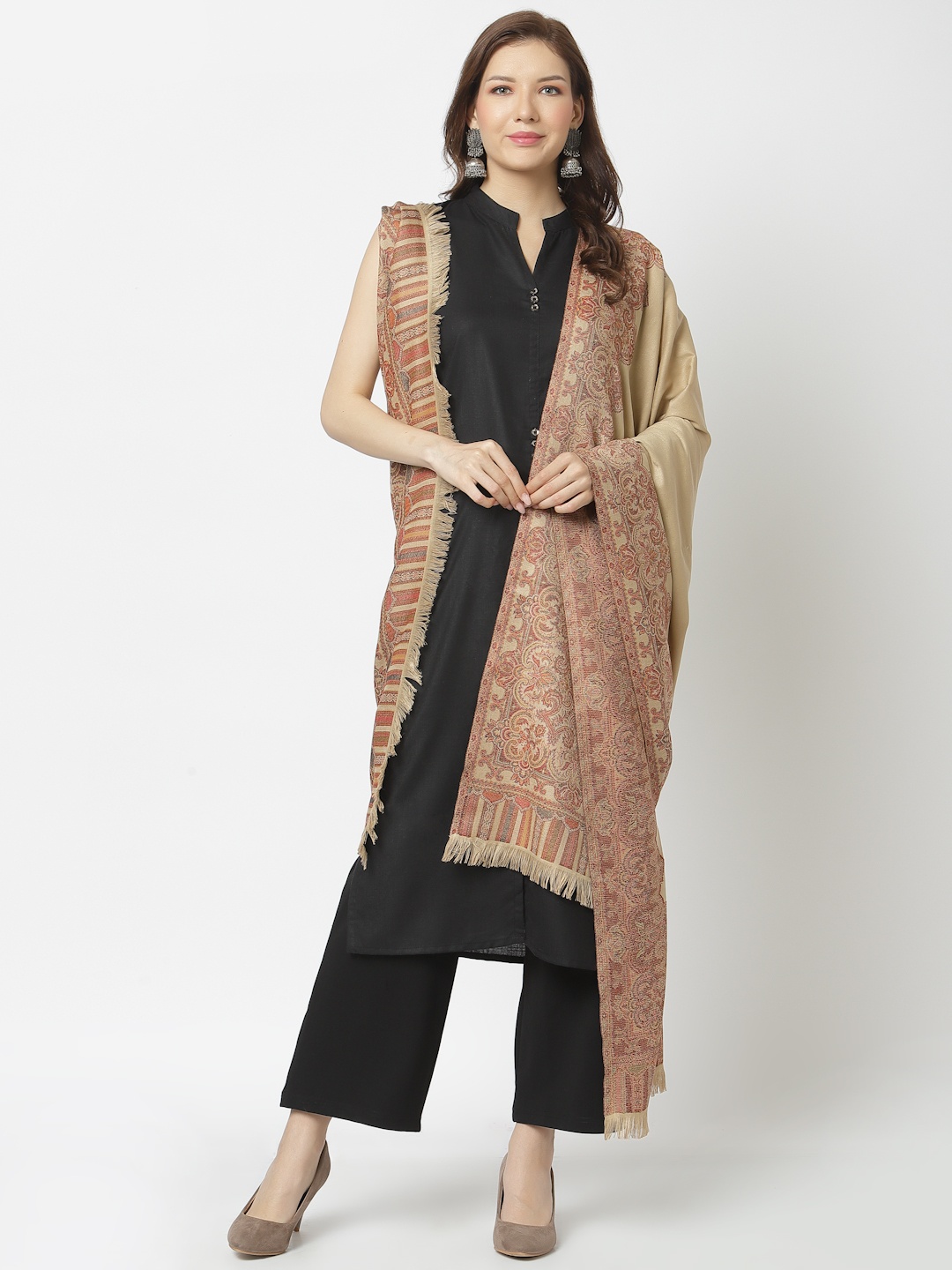 

WEAVERS VILLA Women Beige & Maroon Woven Design Shawl