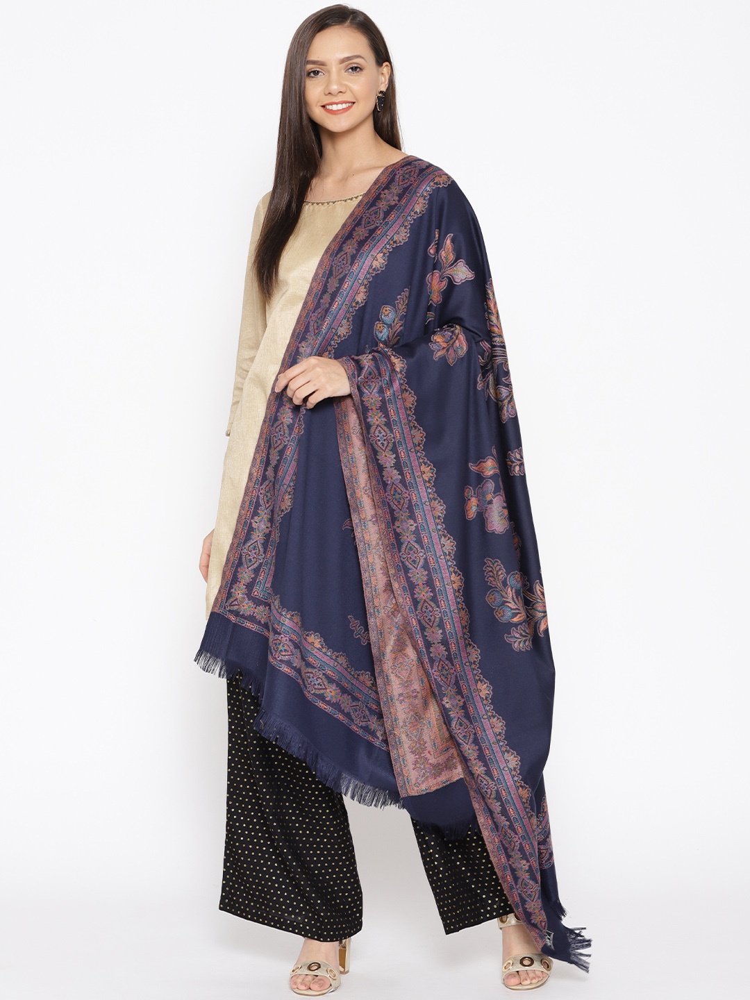 

WEAVERS VILLA Women Navy & Pink Woven Design Shawl, Navy blue