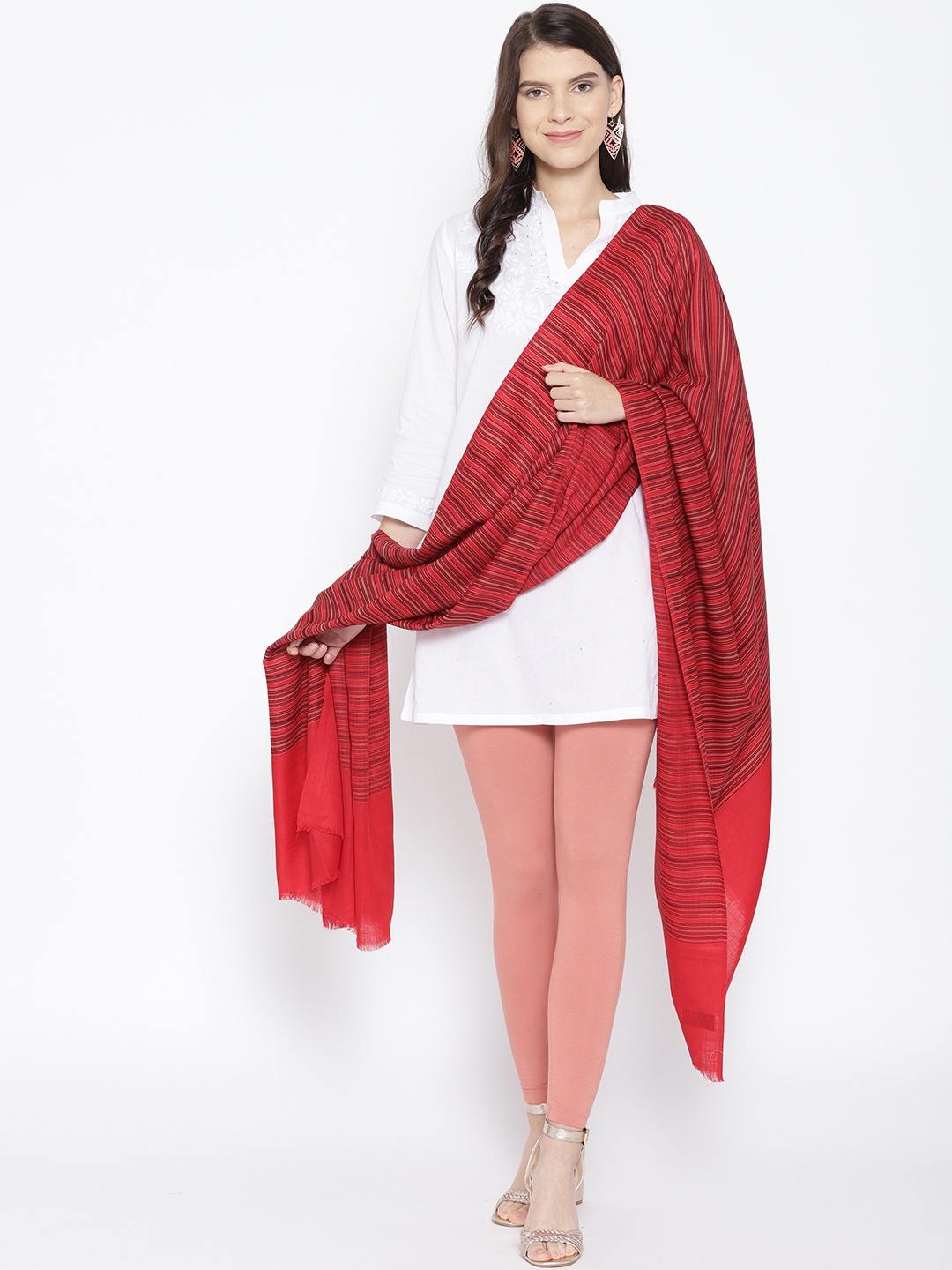 

WEAVERS VILLA Women Red Striped Pure Wool Shawl