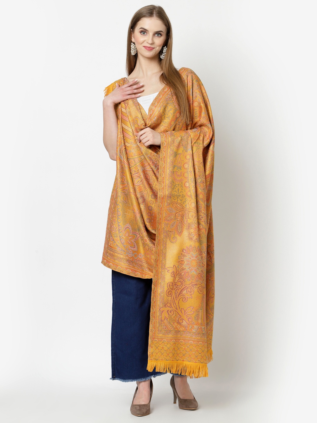 

WEAVERS VILLA Women Mustard Yellow & Purple Woven Design Shawl