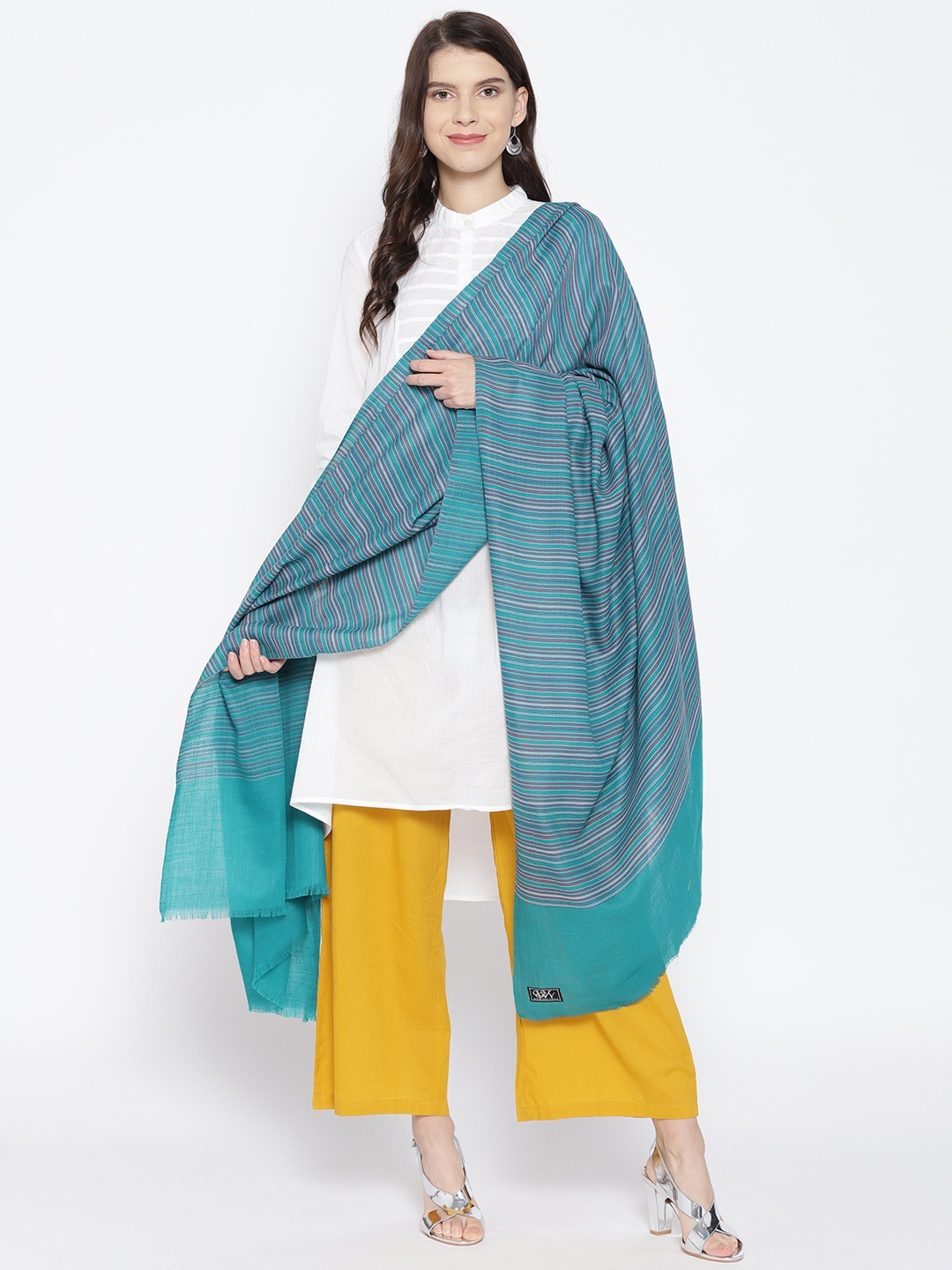 

WEAVERS VILLA Women Teal Green Woollen Striped Shawl