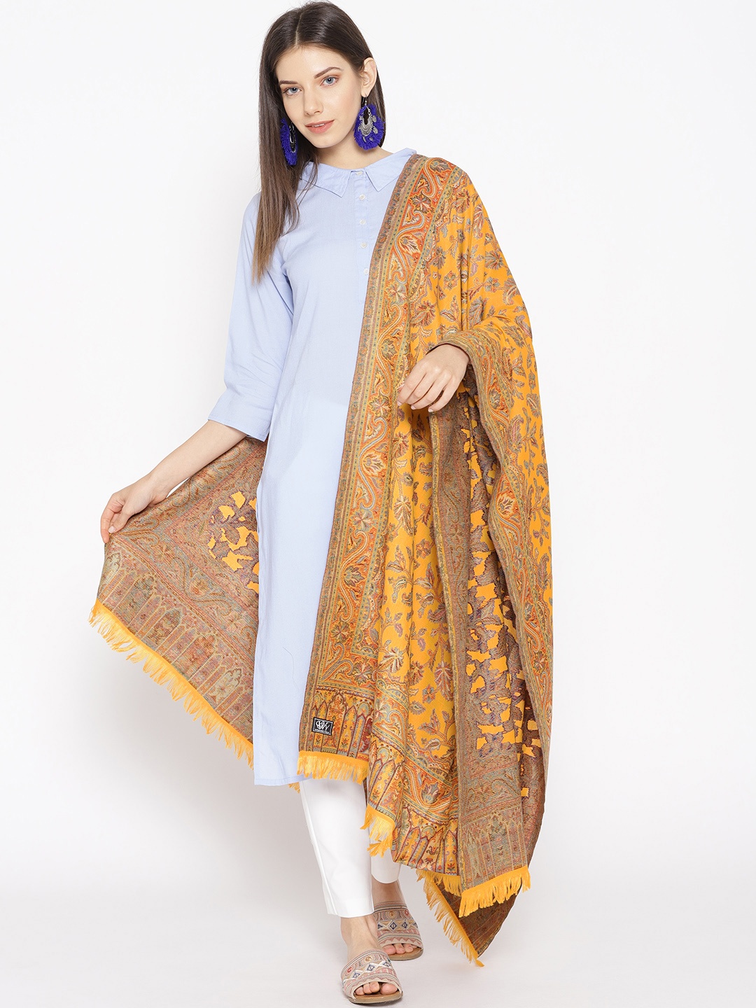

WEAVERS VILLA Women Mustard Yellow & Blue Woven Design Shawl