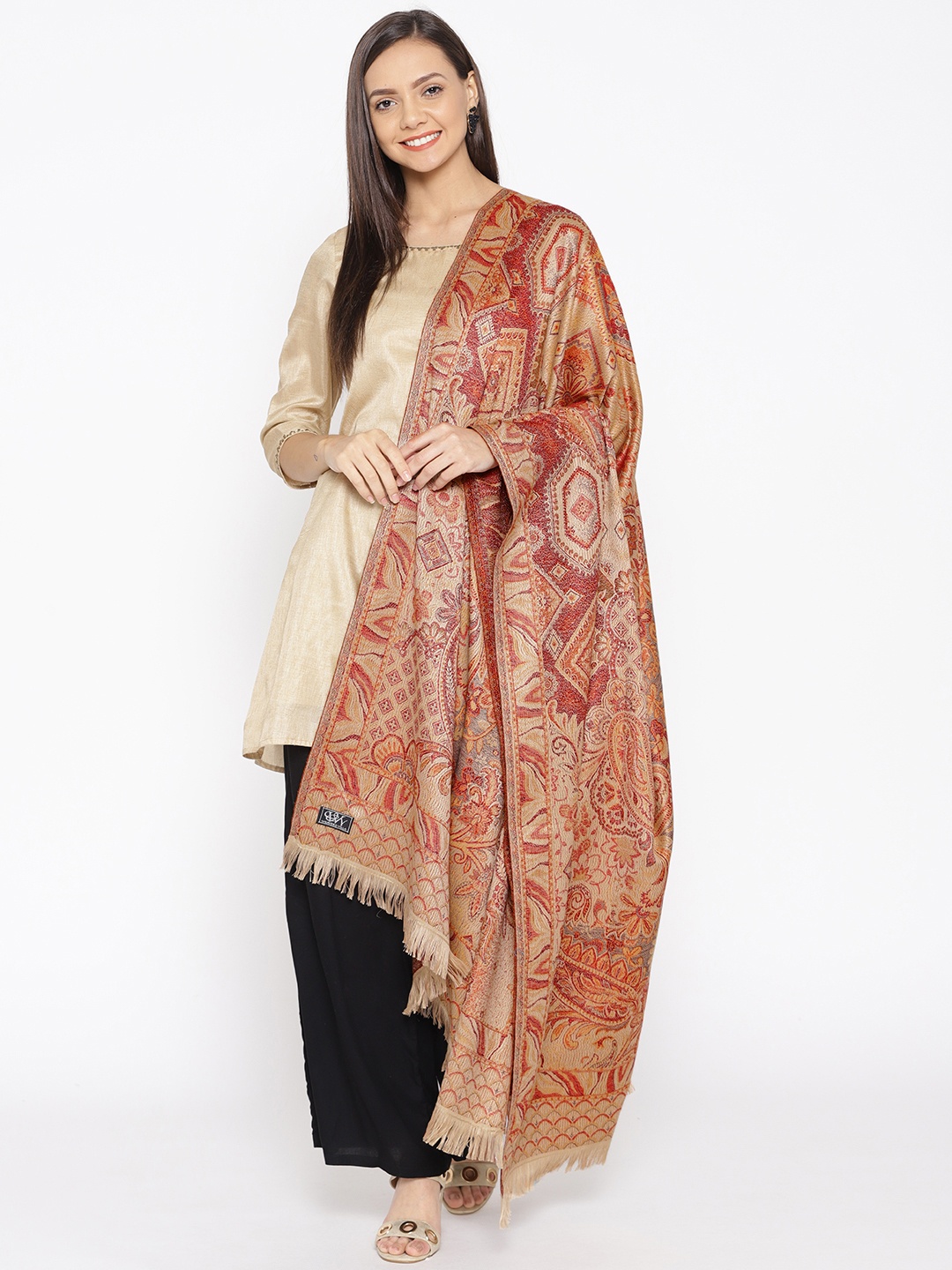 

WEAVERS VILLA Women Beige & Maroon Woven Design Shawl