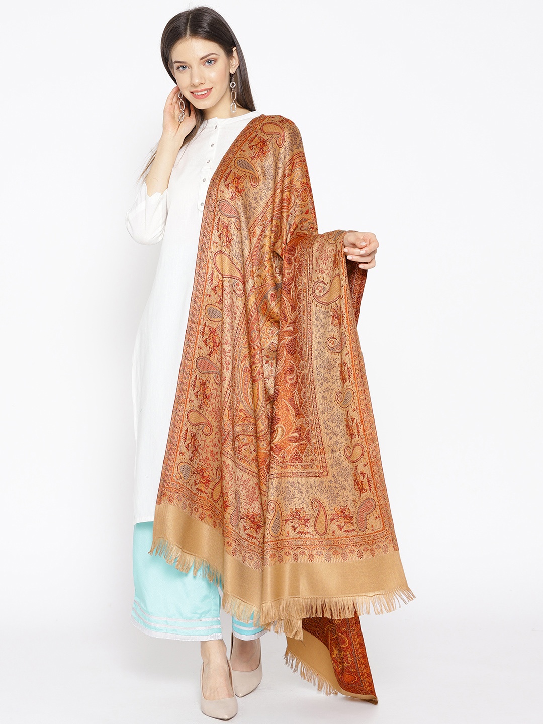 

WEAVERS VILLA Women Beige & Rust Red Woven Design Shawl