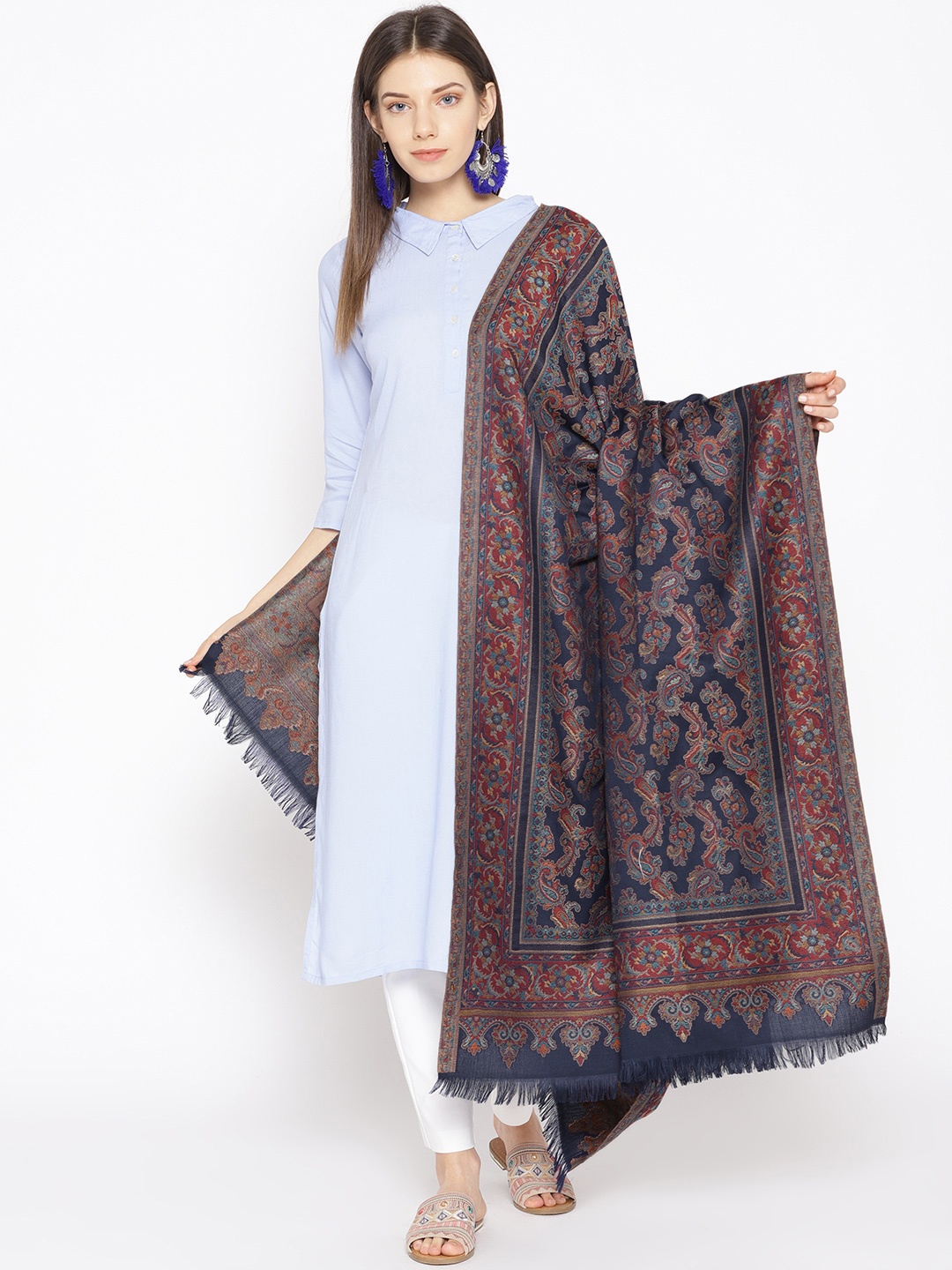 

WEAVERS VILLA Women Navy Blue Woven Design Shawl