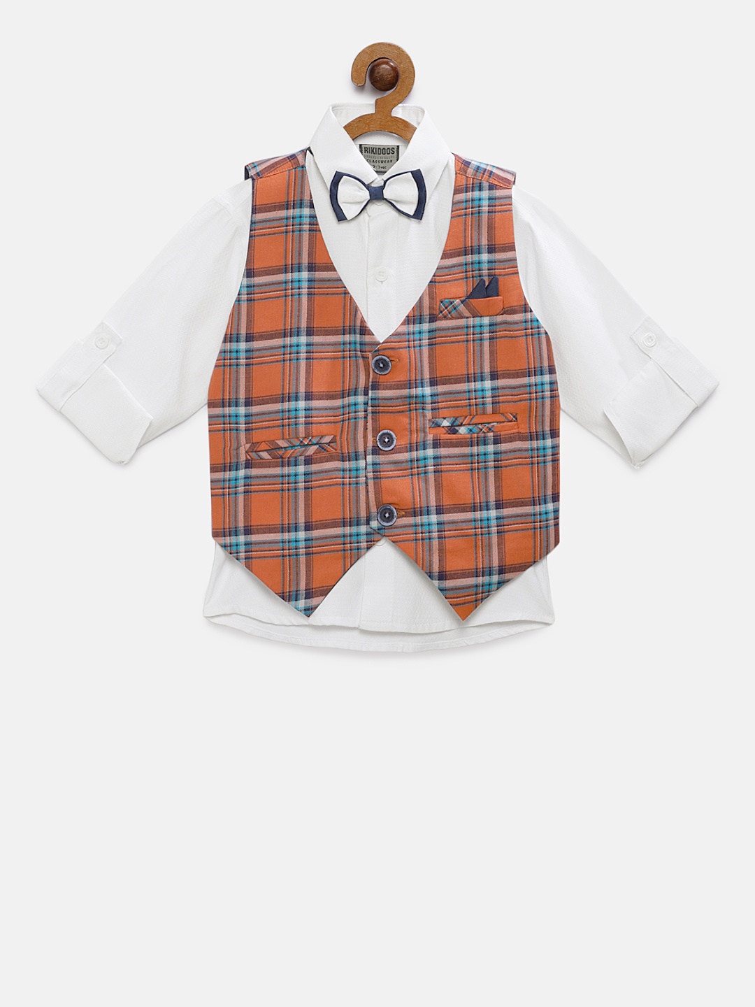 

RIKIDOOS Boys White Regular Fit Solid Casual Shirt With Waistcoat & Bow Tie