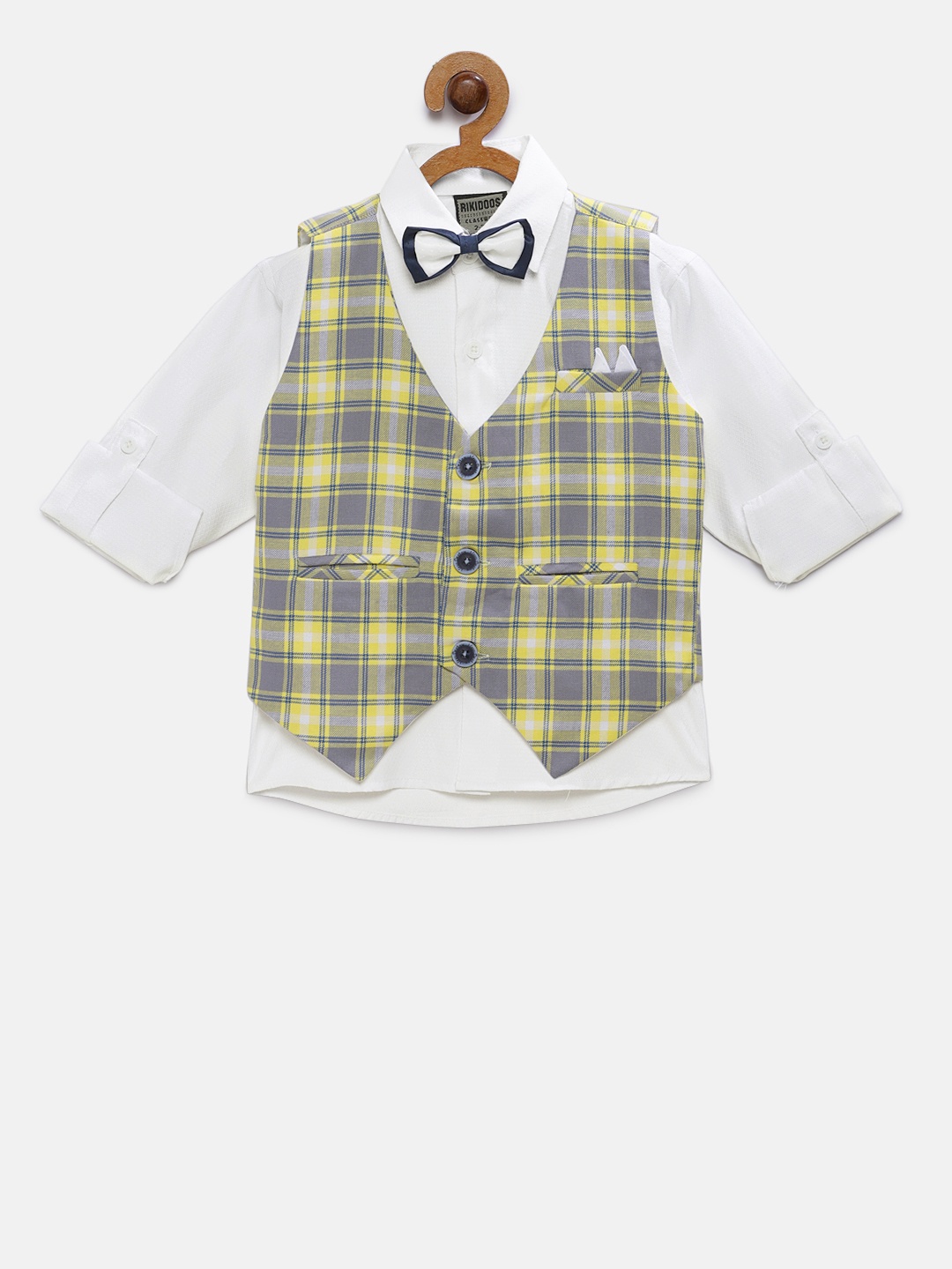 

RIKIDOOS Boys White & Yellow Regular Fit Solid Formal Shirt with Waistcoat & Tie