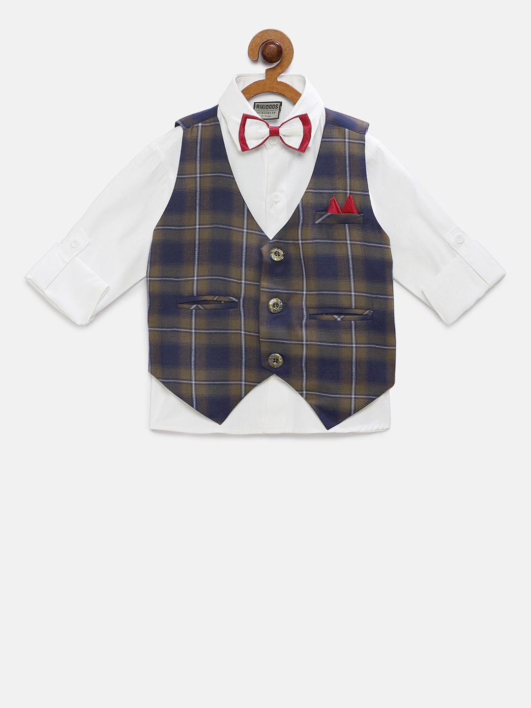 

RIKIDOOS Boys White & Navy Blue Regular Fit Solid Casual Shirt with Waistcoat & Tie