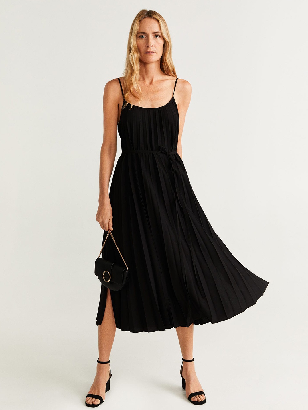

MANGO Women Black Solid Accordion Pleats A-Line Dress