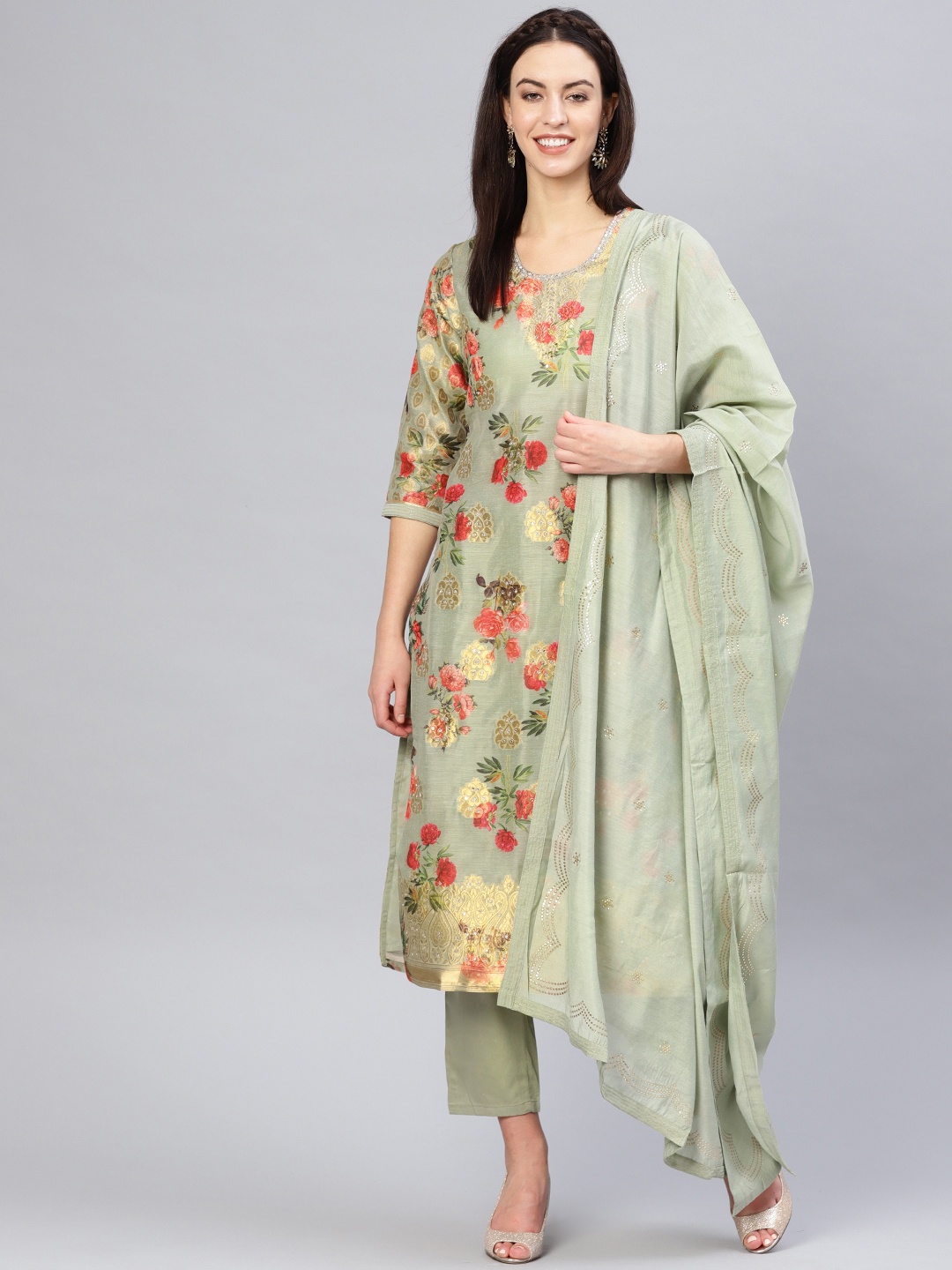 

Biba Women Green & Orange Printed Kurta with Trousers & Dupatta