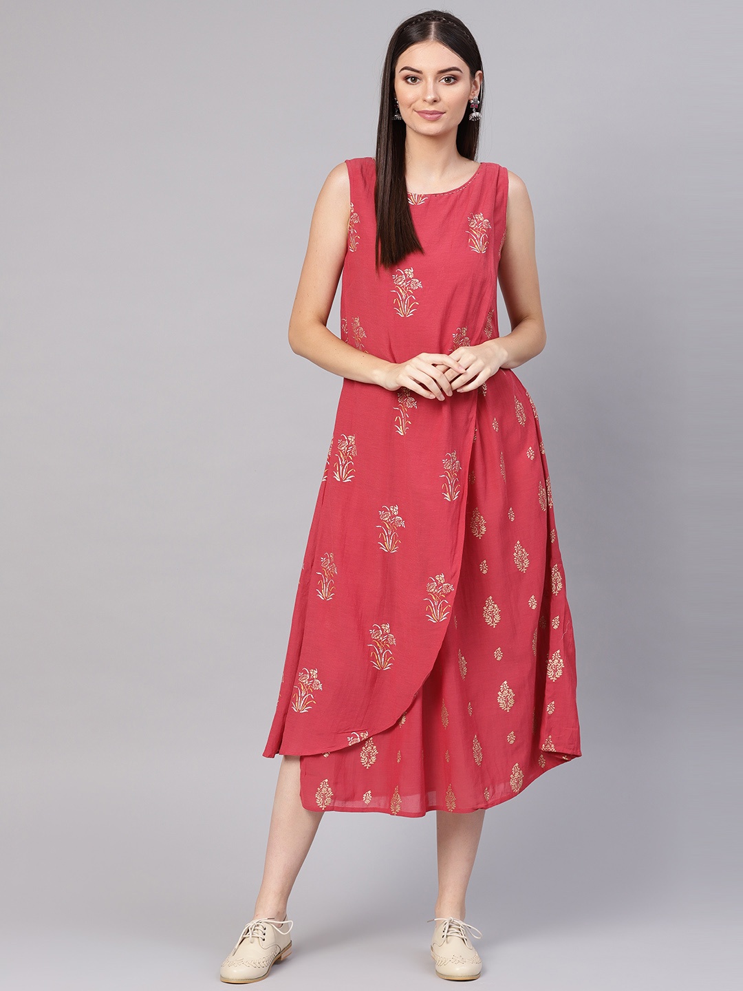 

Biba Women Coral Pink & Golden Floral Printed Wrap Dress