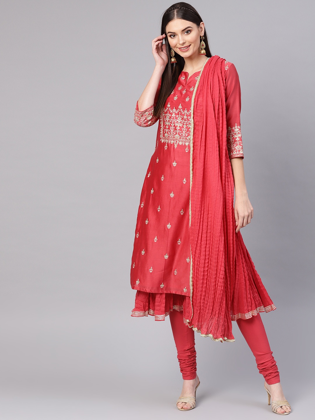 

Biba Women Pink & Golden Embroidered Layered Kurta with Churidar & Dupatta