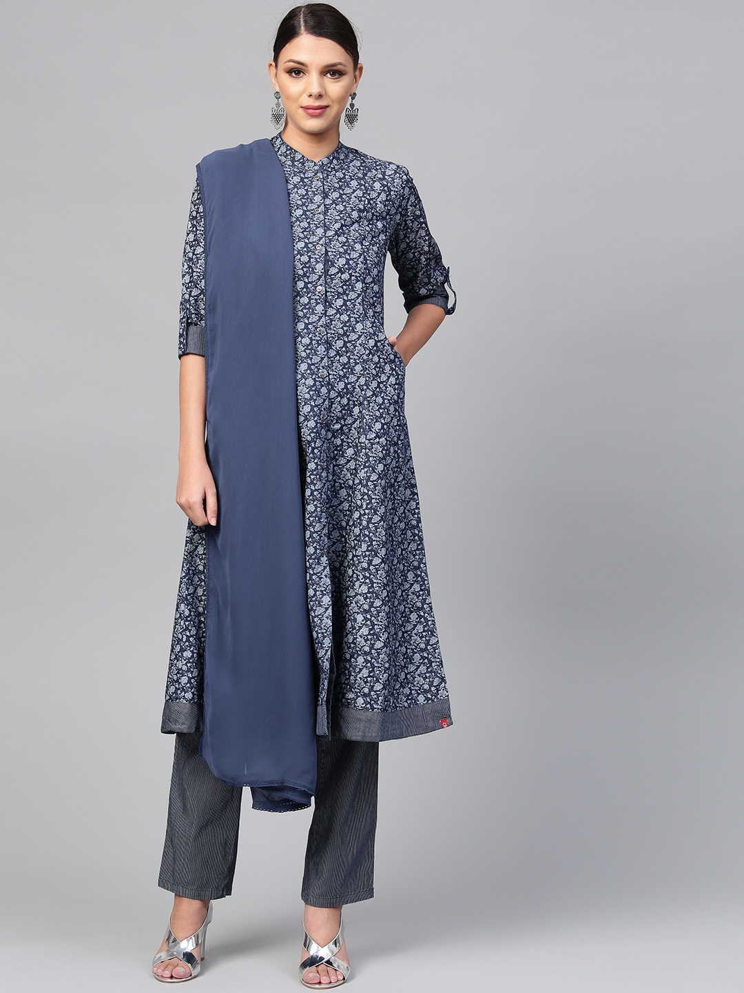 

Biba Women Blue & Grey Printed Chambray A-Line Kurta with Trousers & Dupatta