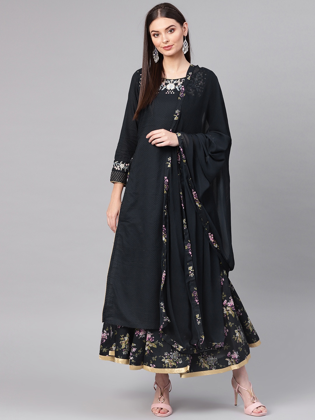 

Biba Women Charcoal Black Yoke Design Kurta with Skirt & Dupatta