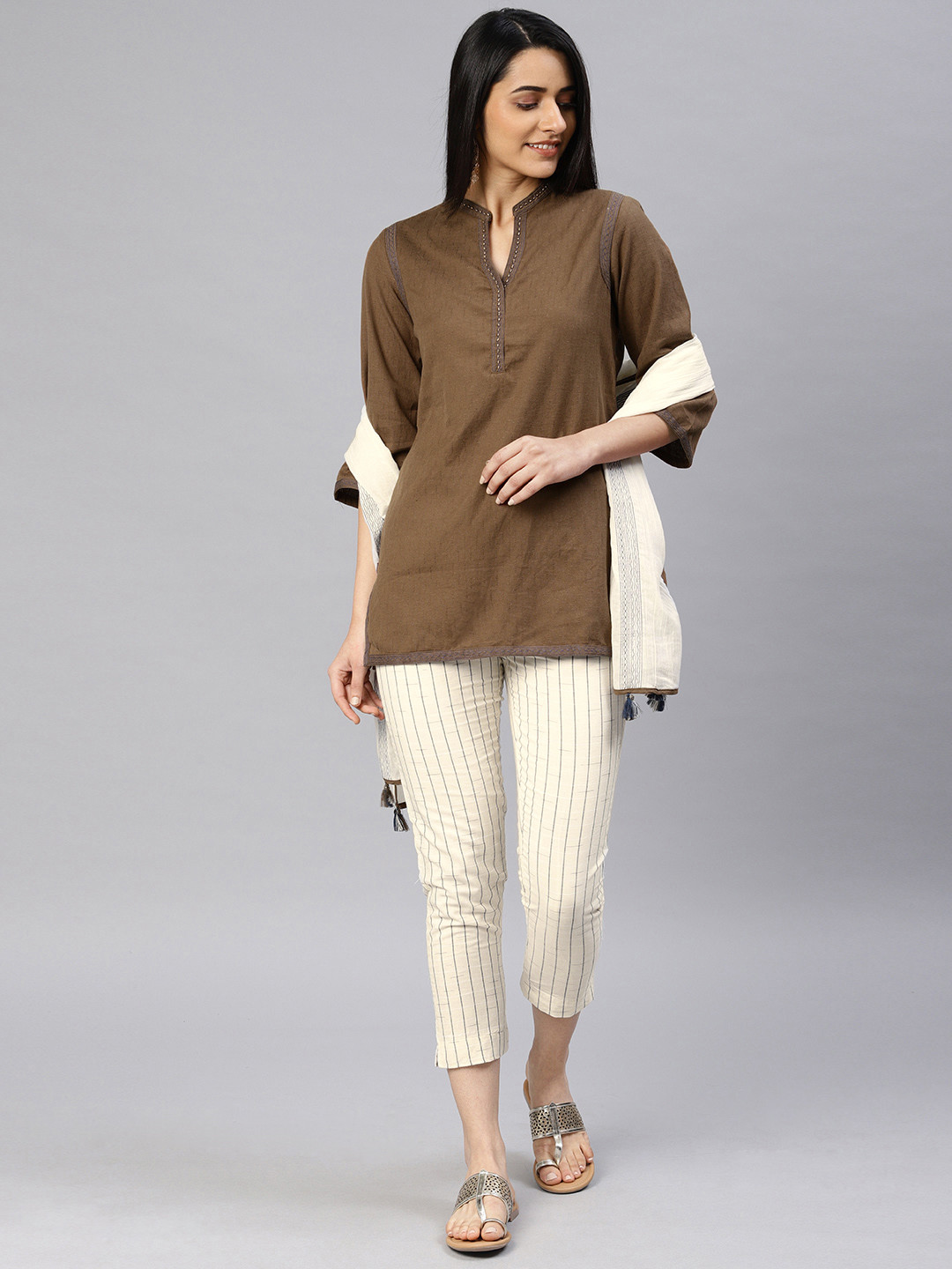

Biba Women Brown & Off-White Self Design Kurti with Cropped Trousers & Dupatta
