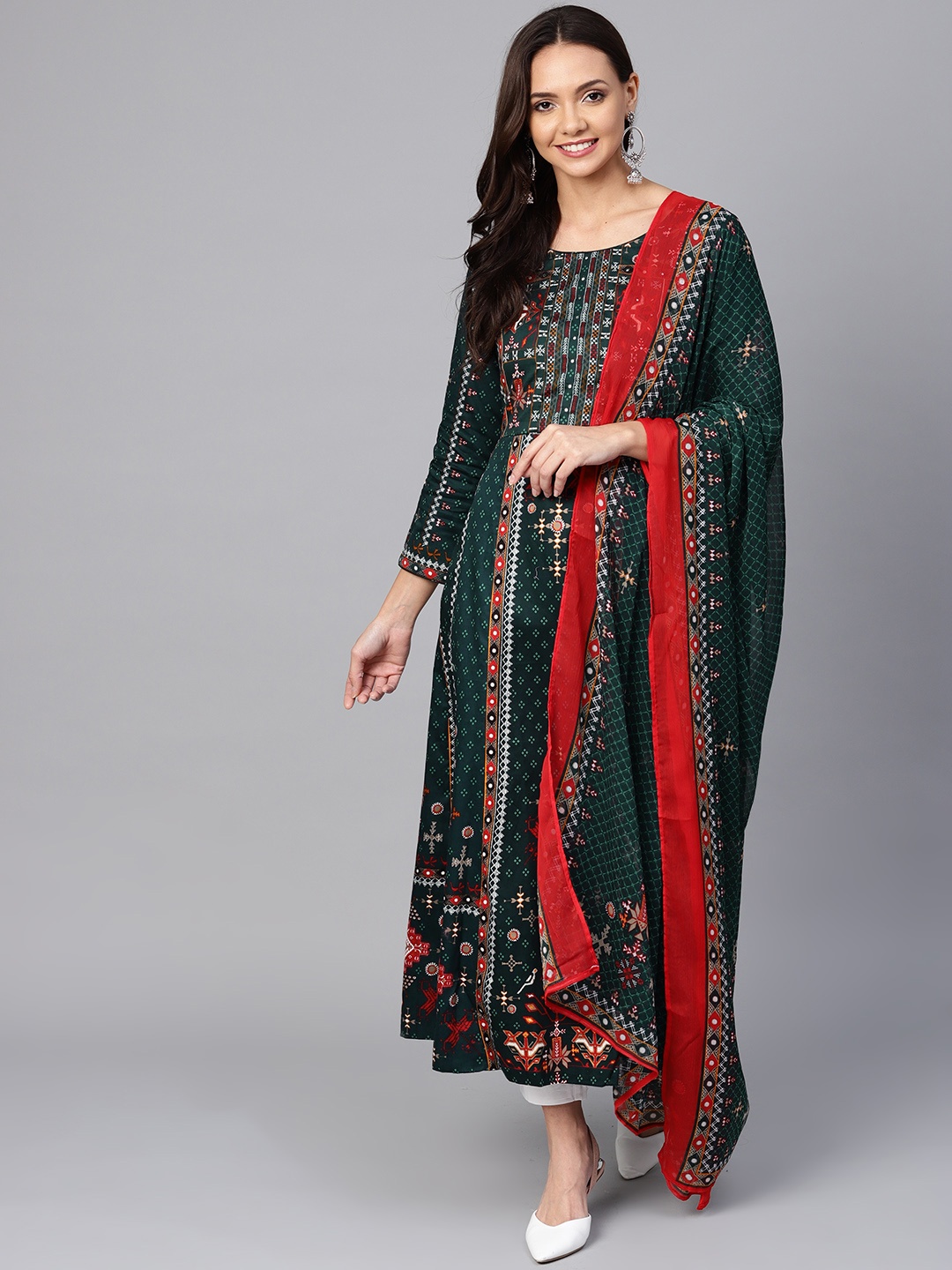 

Biba Women Teal Green & White Printed Kurta with Trousers & Dupatta