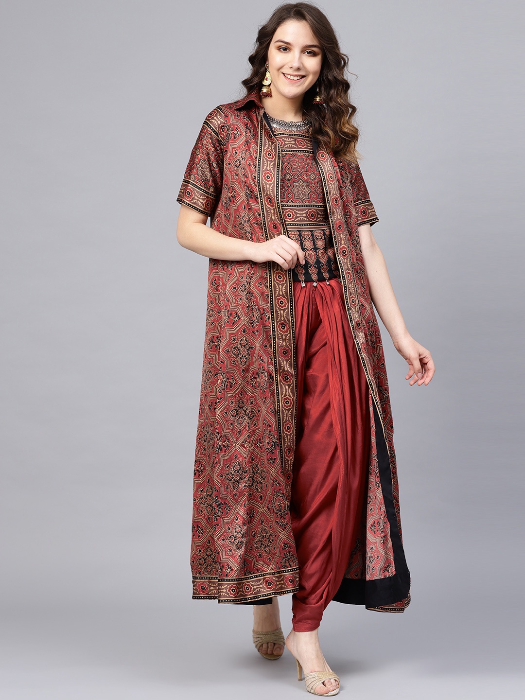 

Biba Women Rust Red & Black Printed Top with Dhoti Pants