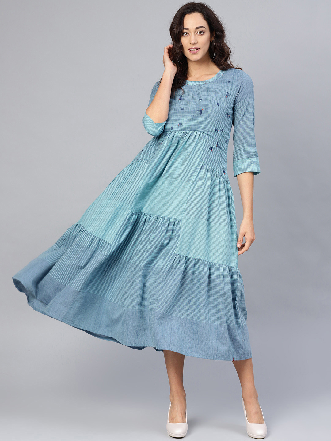

Biba Women Blue Striped Tiered A-Line Dress