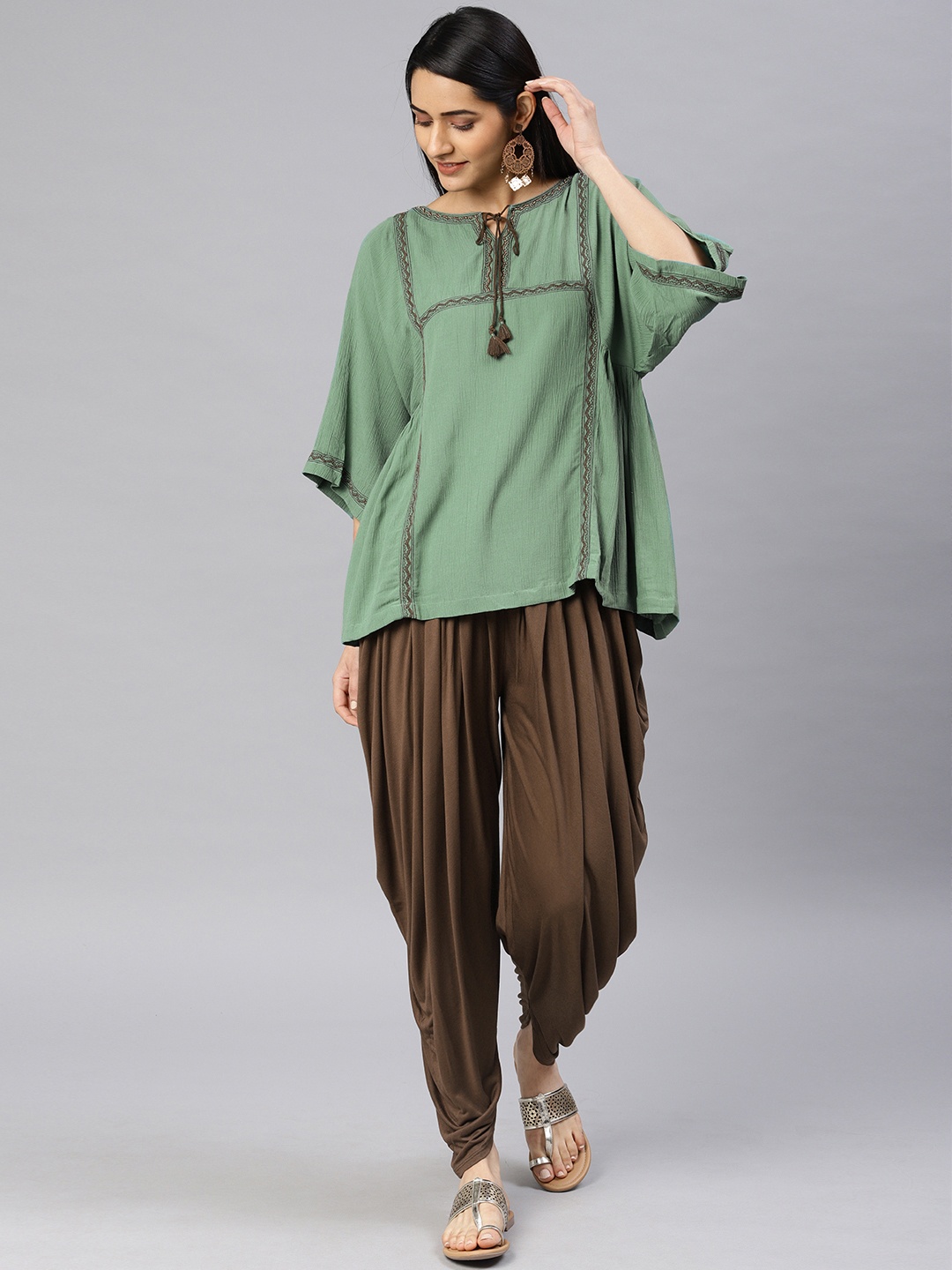 

Biba Women Green & Brown Embroidered Tunic with Dhoti Pants