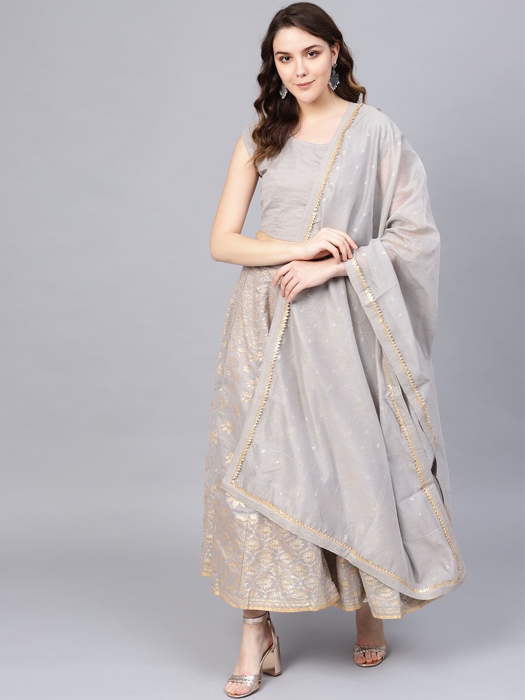 

Biba Grey & Golden Woven Design Ready to Wear Lehenga & Blouse with Dupatta