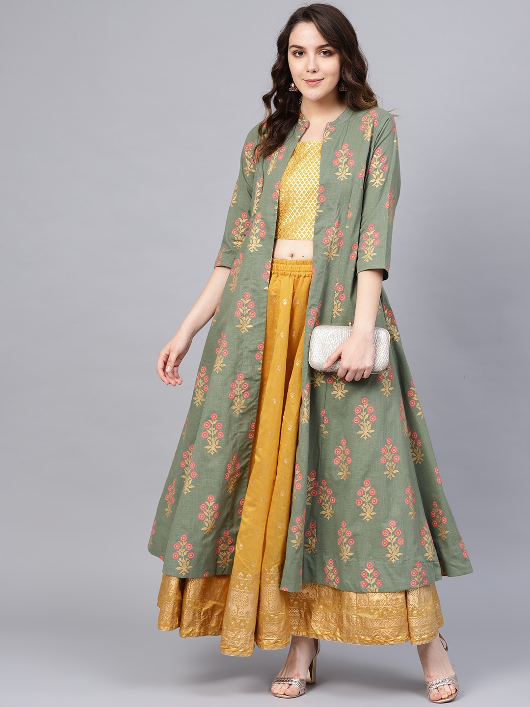 

Biba Women Mustard Yellow & Green Woven Design Top with Skirt & Ethnic Jacket