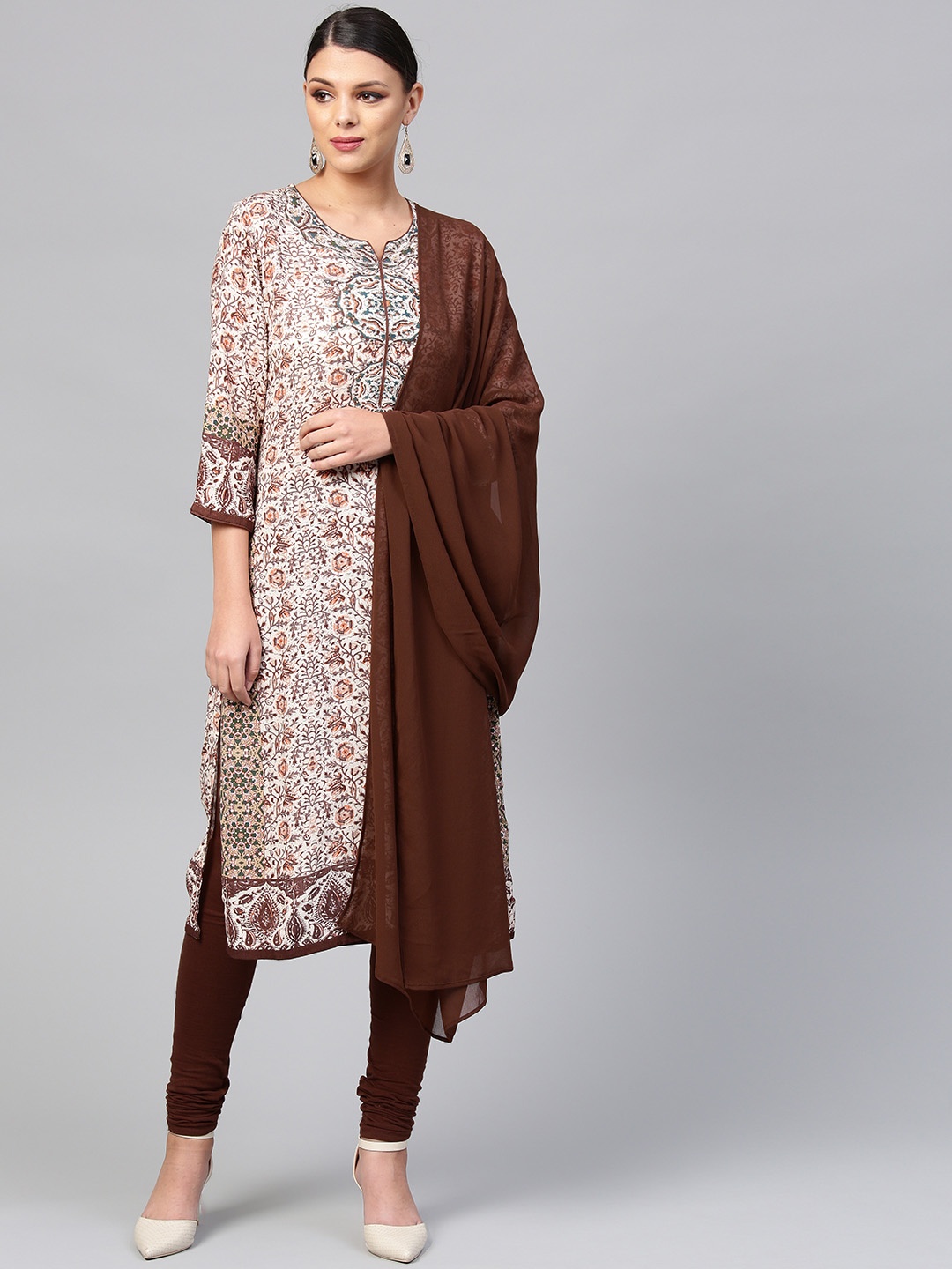 

Biba Women Cream-Coloured & Brown Printed Kurta with Churidar & Dupatta