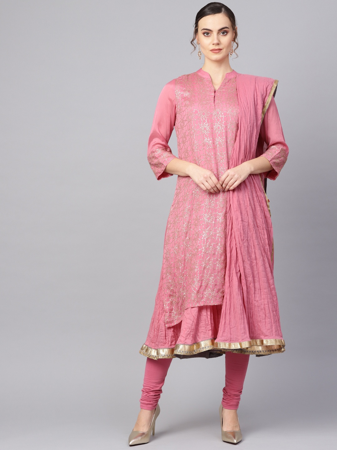 

Biba Women Pink & Golden Embellished Layered Kurta with Churidar & Dupatta