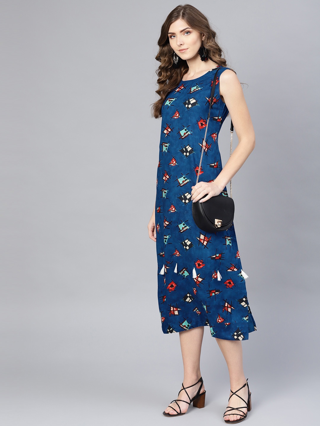 

Myshka Women Blue & Red Printed A-Line Dress