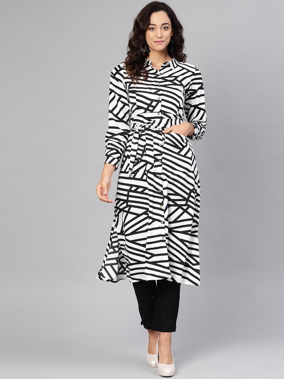 

Myshka Women Black & White Printed A-Line Kurta