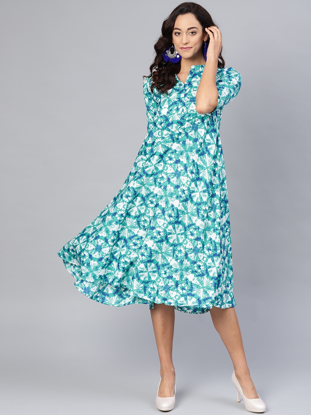 

Myshka Women Green & Off-White Printed A-Line Dress