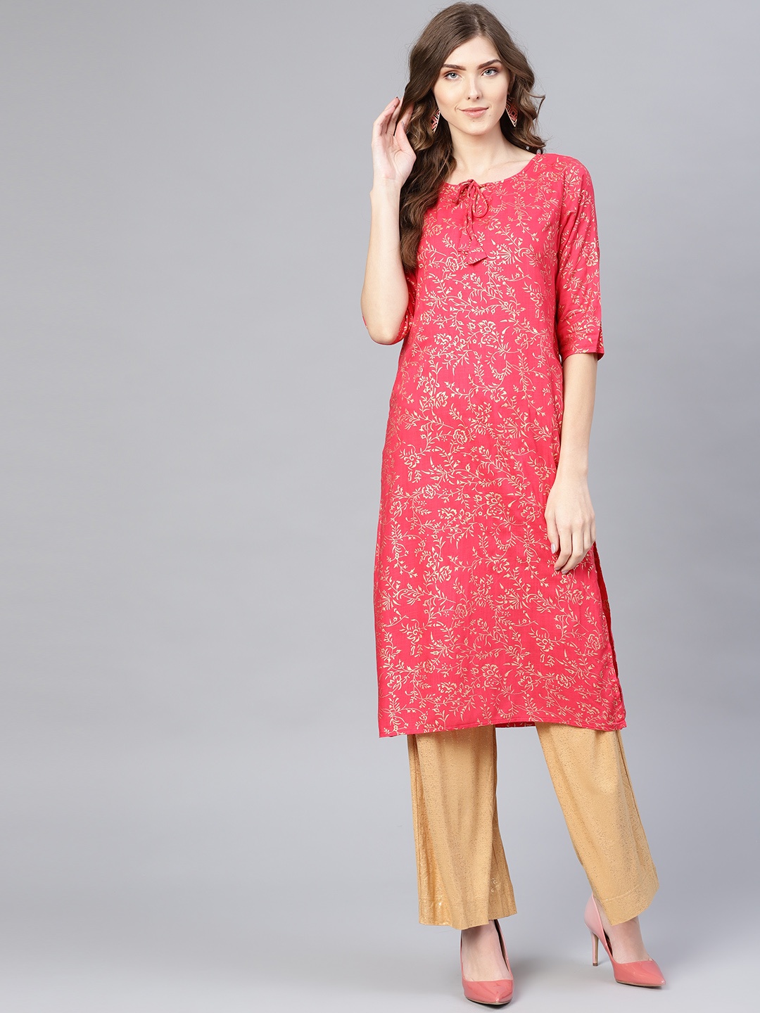 

Myshka Women Pink & Gold-Toned Printed Straight Kurta