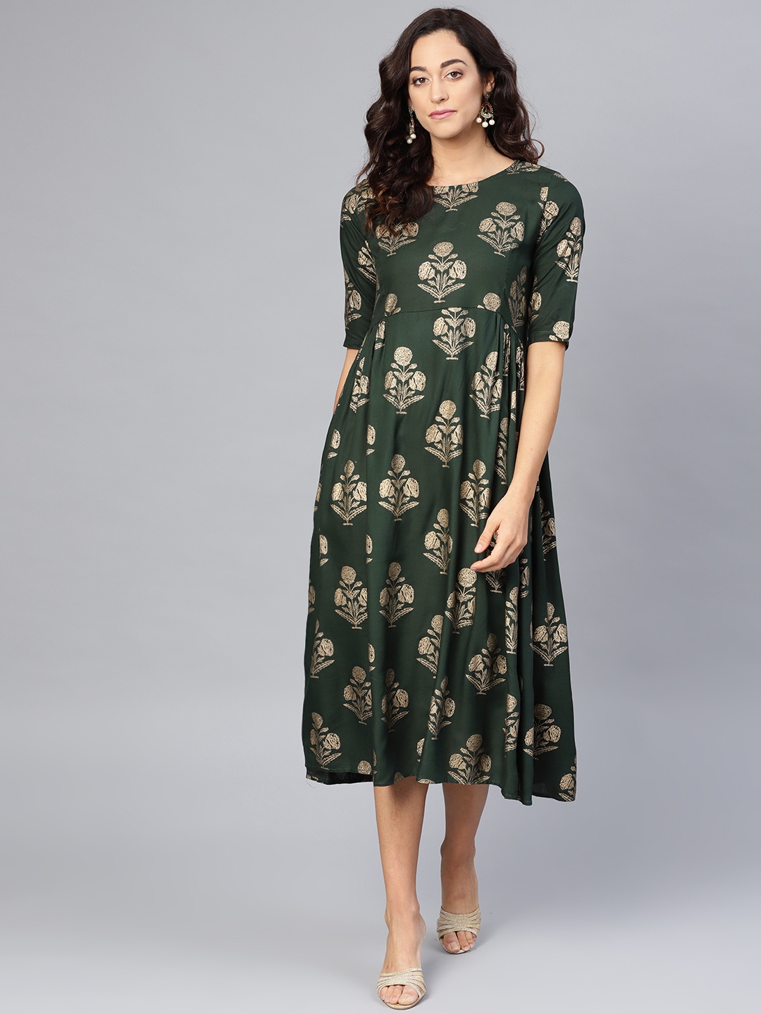 

Myshka Women Green & Golden Printed A-Line Dress